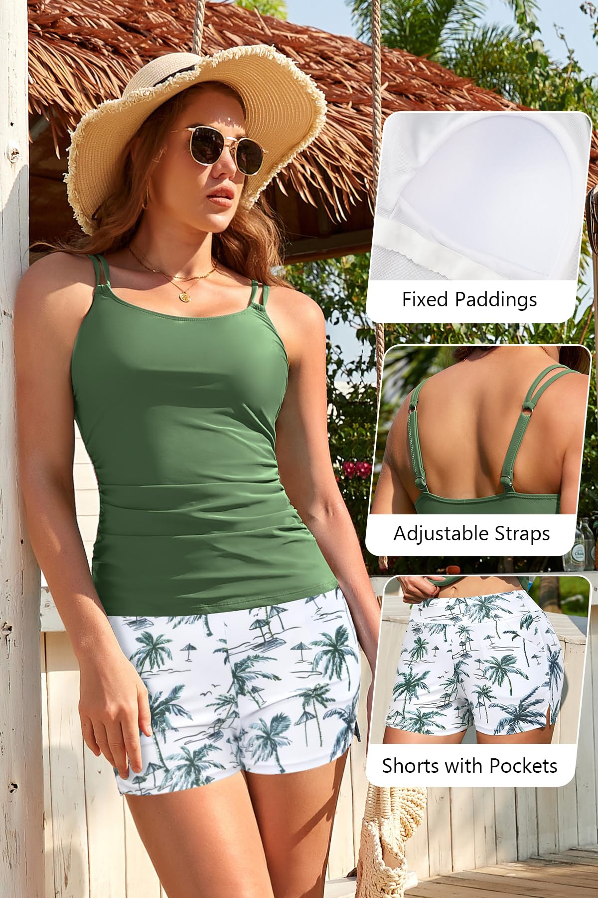 SHEKINI Tankini da donna, 2 pezzi, top imbottito increspato con tasca e culotte taglie forti, costume da bagno sportivo