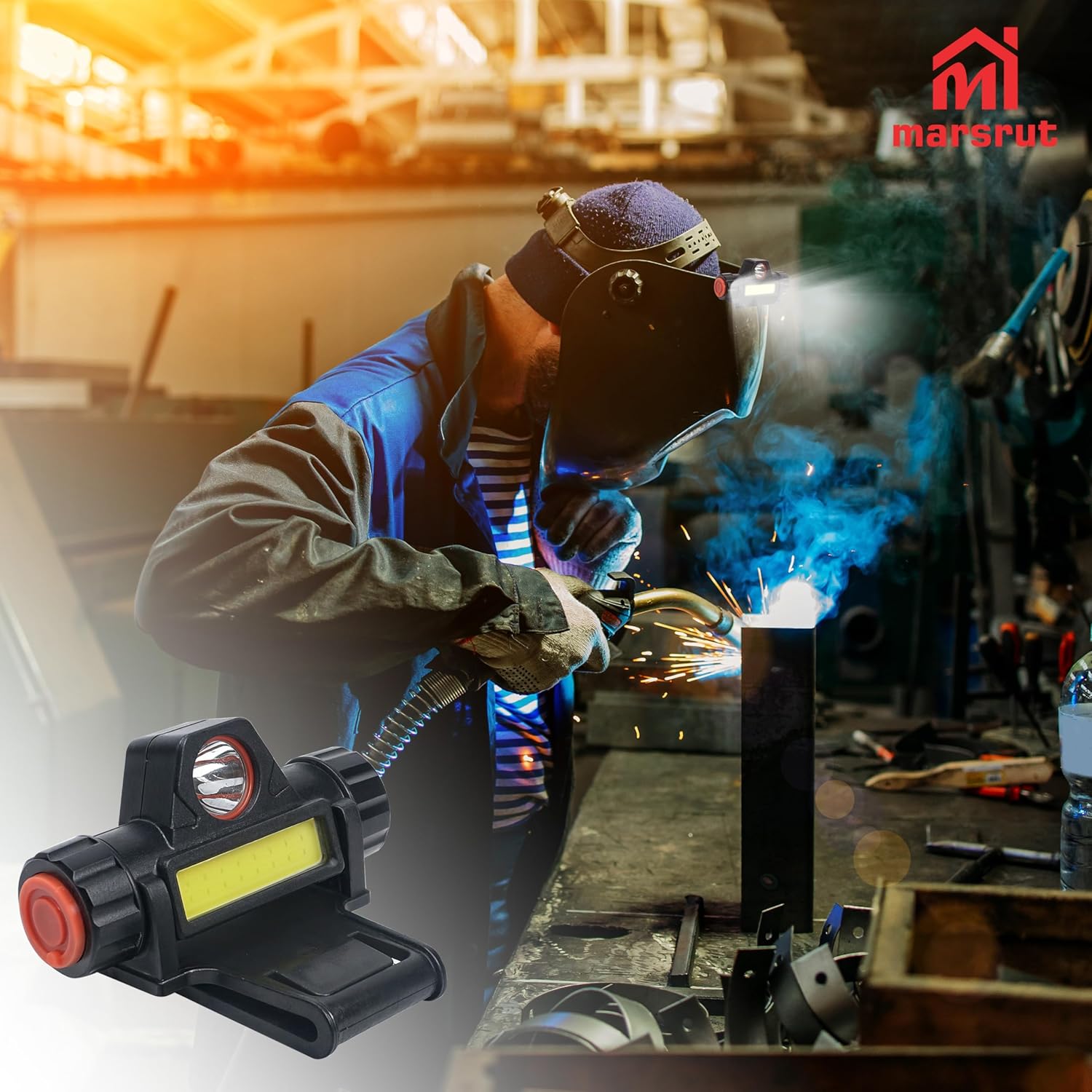 Welding Helmet Light, Hood Attachment Headlight with Mount Holder Rechargeable Cable Led Dimming Strong Dual Headlamp Flashlight Versatile for Large Range Mechanic Automatic Mask Headwear Hard Hat Use