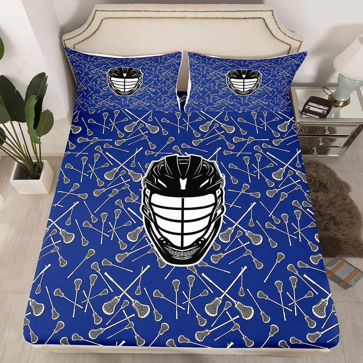 Erosebridal Lacrosse Fitted Sheet Full, Sports Theme Bed Sheets, Blue & Grey Sports Bed Set,Ball Game Bedding 3 Piece Set (1 Fitted Sheet, 2 Pillowcases)