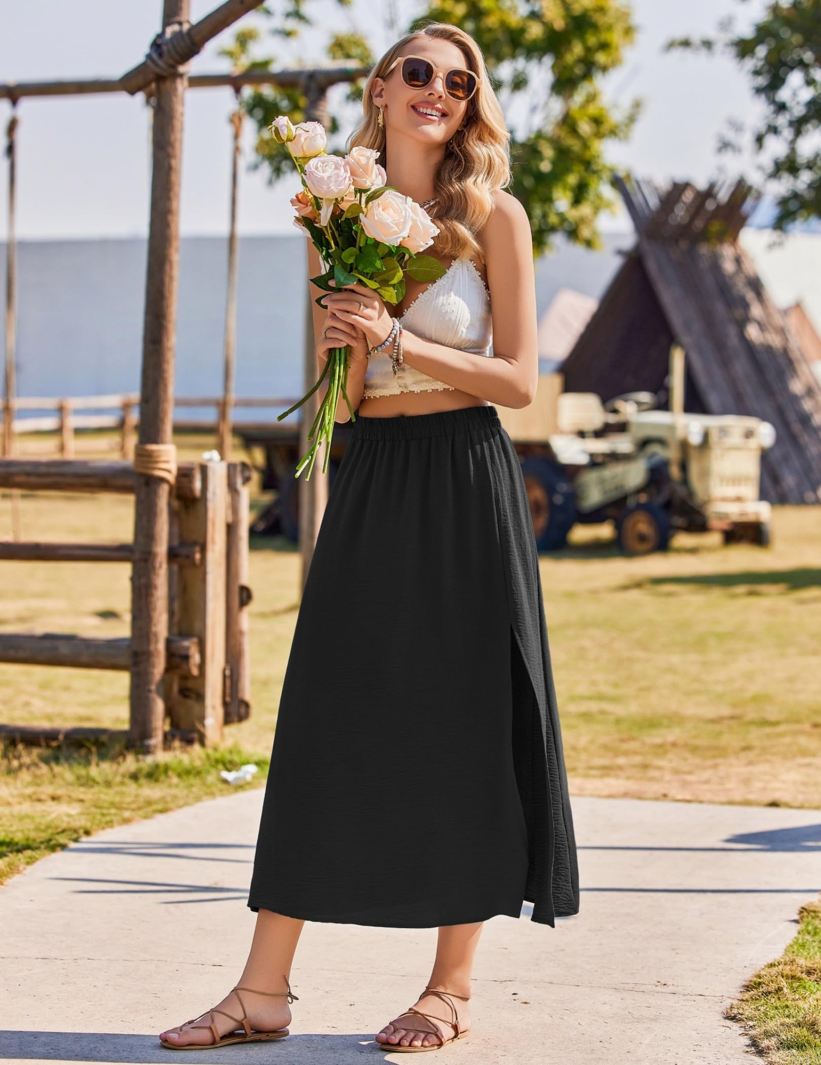 Zeagoo Falda Larga Mujer Verano Elegante Sólido Cintura Alta Elástica A Línea Falda de Playa con Abertura S-XXL