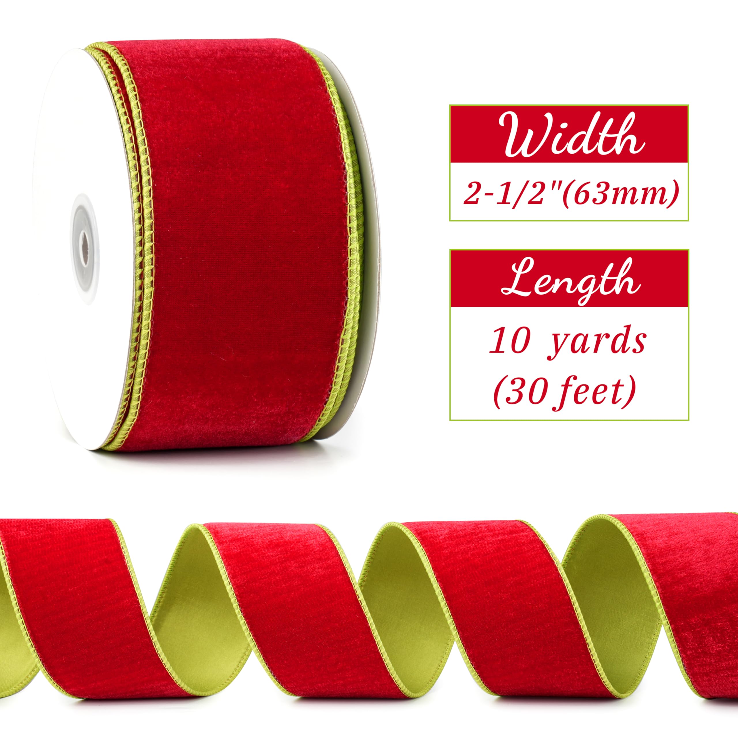 MAYREEL Cinta de terciopelo con alambre de 2.5 pulgadas (rojo y verde lima, 9 m)