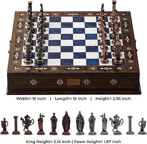 Miniatura 3 de 15” Handmade Wooden Storage Chess Set – Handmade Wooden Chess Board with Metal Pieces – Luxury Chess Gift for Adults, Decorative & Collectible (Blue)