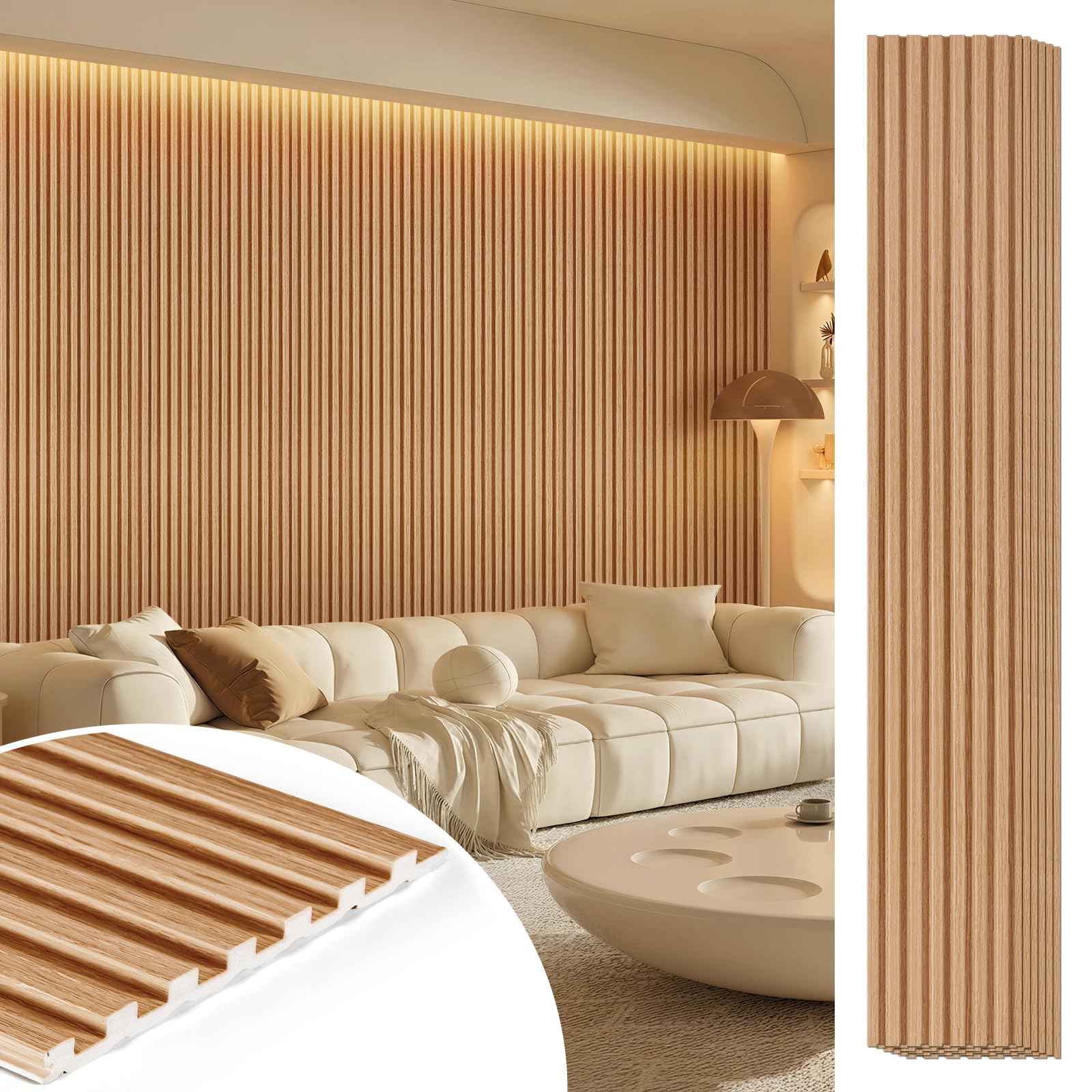 Photo 1 of LARWORKS WPC Acoustic Slat Wall Panels 8-Pack 96'' x 6'', Accent 3D Wall Panel for Interior Wall Decor, Waterproof Fluted Textured Panel Wall Slats,Solid Elm (Cover Approx.32 sq.ft)