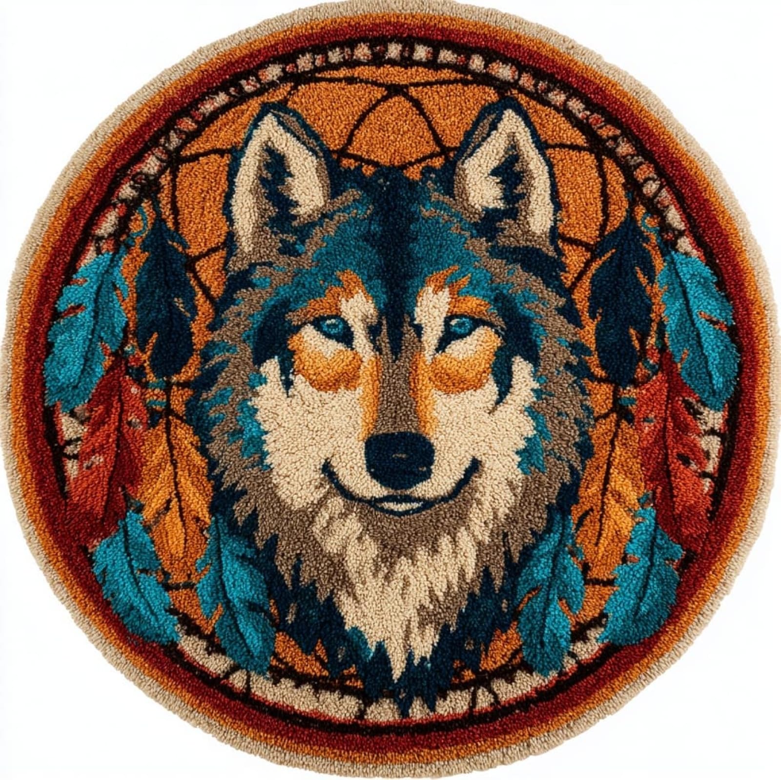 WallustrioaW Latch Hook Rug Kit,Feathers and Wolves,Carpet Crochet Yarn Kits for Adults,Latch Hook Kits for Adults Colorful Pattern Printed Canvas,50x50cm