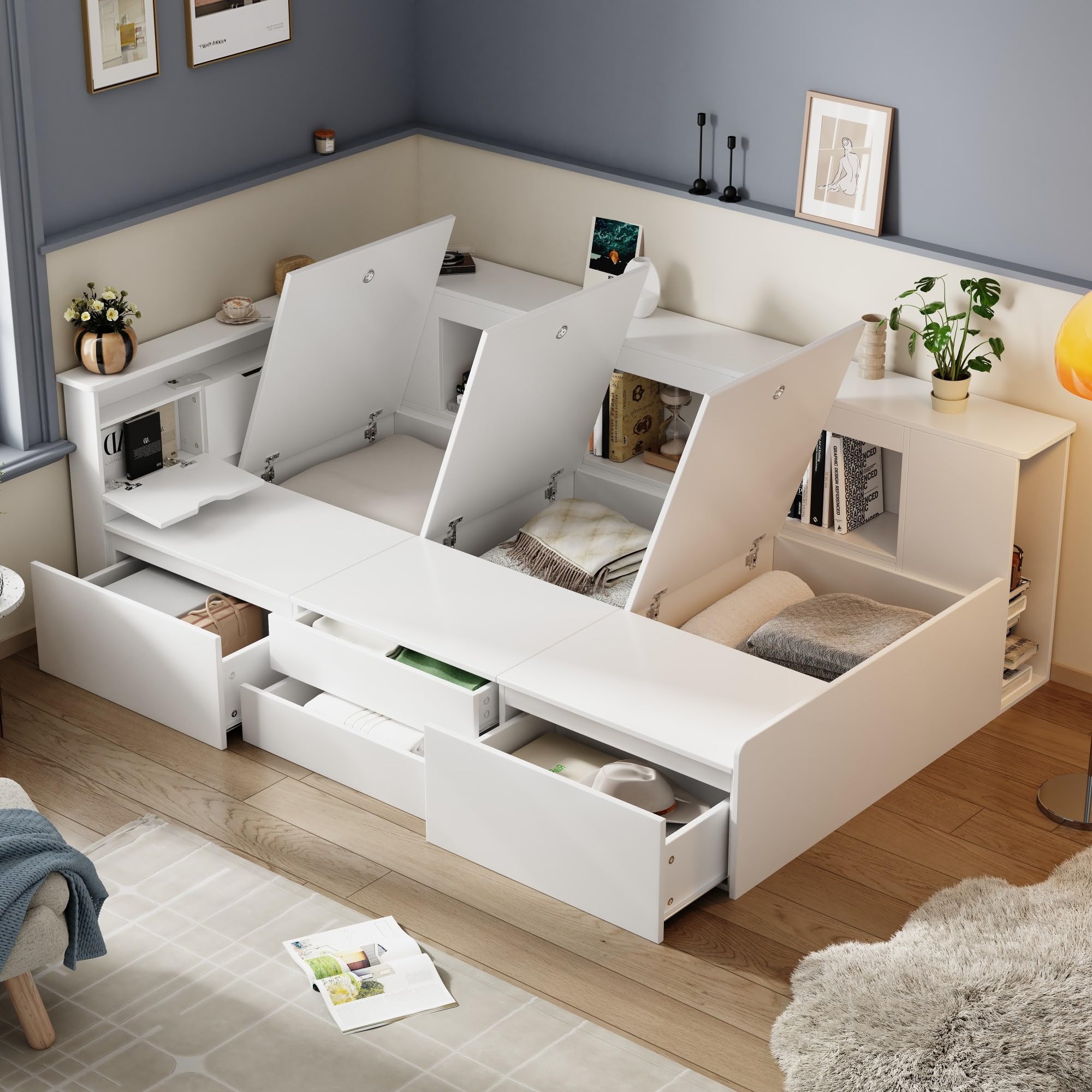 Cama Infantil 90x200 con 4 Cajones y Estanterías, Camas Juveniles con Almacenaje, Espacio de Almacenamiento Debajo de la Cama Individual, Blanco C, Sin Colchon