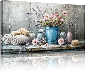 SERIMINO Still Life Flower Wall Art, Vintage Bathroom Large Wall Decor, Rustic Aesthetic Kitchen Pictures, Cottagecore Decorations for Bedroom Dining Room Laundry Room Canvas Art Prints 20"X40"
