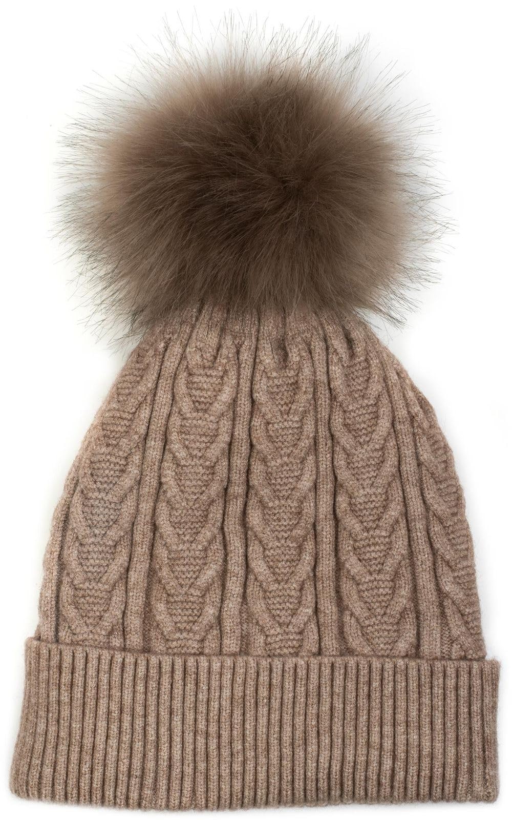 Stylebreaker Women's Taupe Fine Knit Pom Pom Beanie With Cable Pattern, Faux Fur Pom Beanie, Lined Winter Knit Beanie 04024100, Colour: