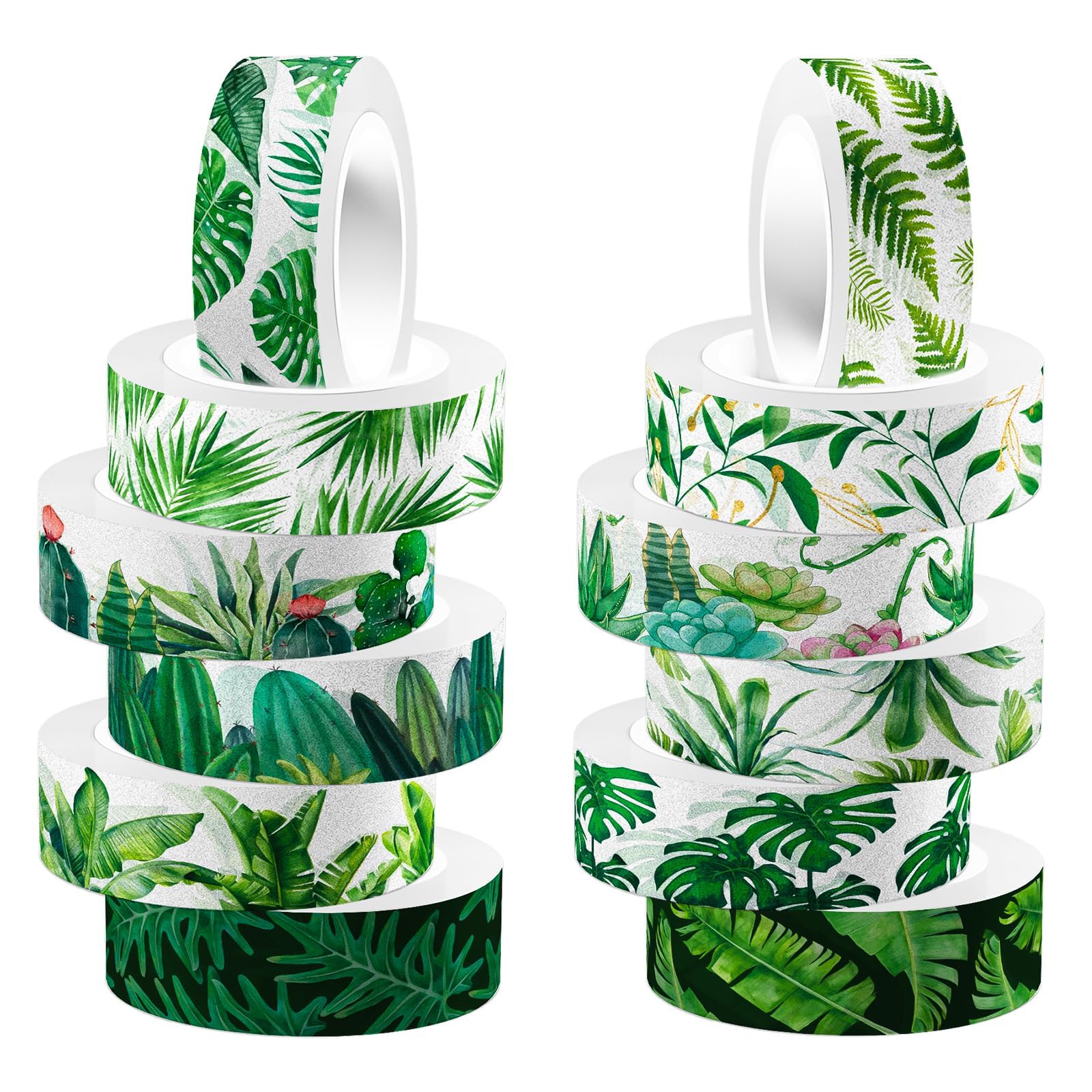 ktxaby 12 Rolls Greenery Washi Tape Set,Summer Tropical Leaves Masking Tape,Green Plants Cactus Succulents Decorative Tape Sticker for Scrapbook Journal DIY Craft Gift Wrapping (5m/roll)