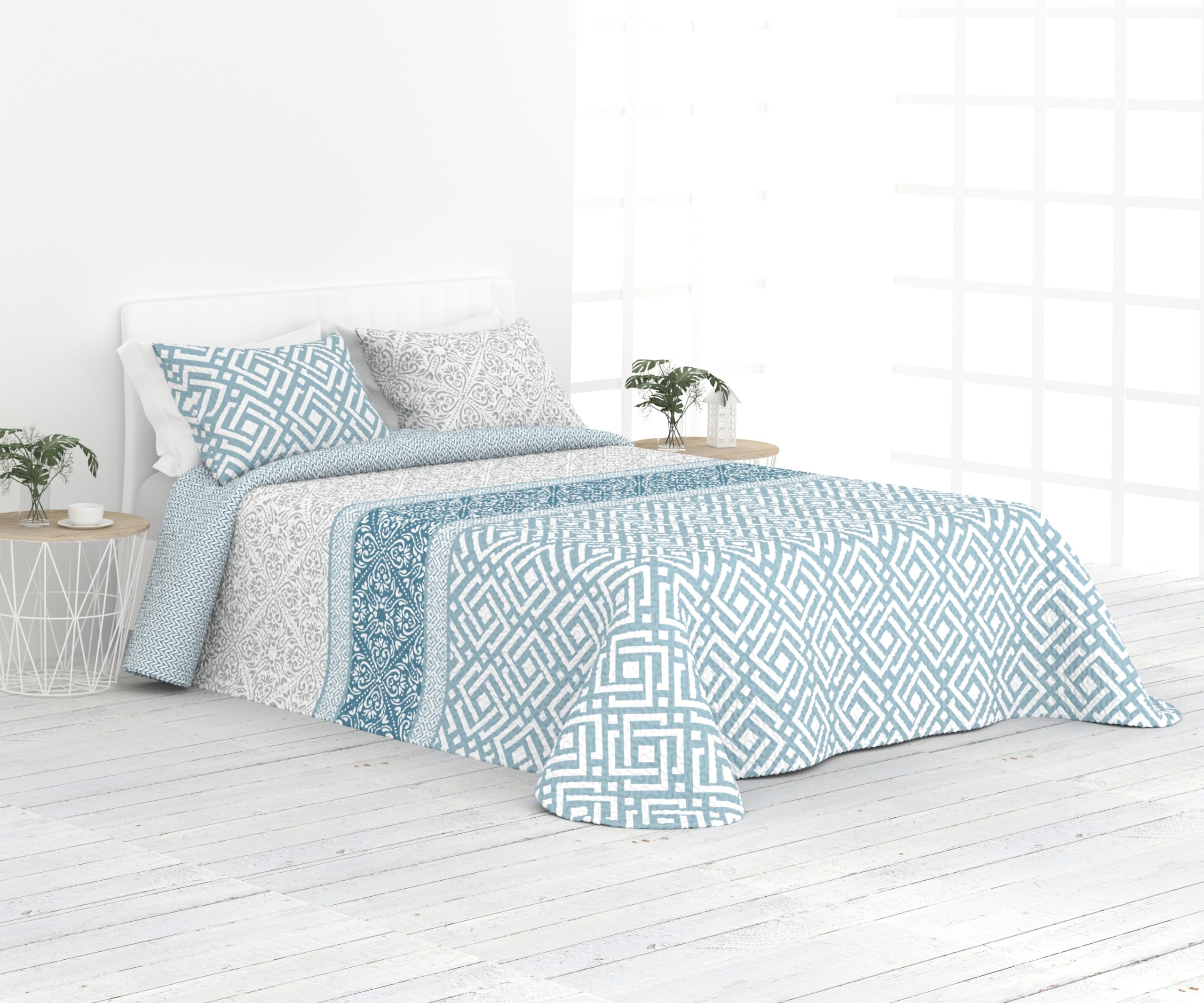 Liniva Home Colcha Fina Reversible de Verano y Primavera. Colcha con Funda DE COJÍN. Cubrecama Elegante de Microfibra Extra Suave. (Mandala - Aqua - Cama 90 cm)
