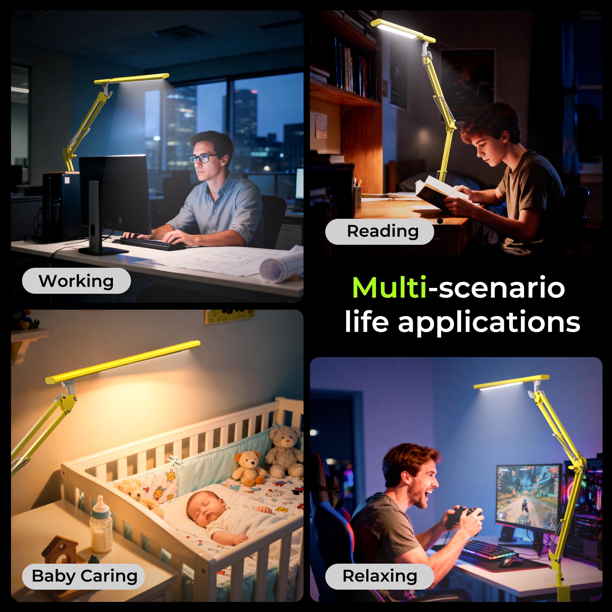Lampada da scrivania a LED, lampada da scrivania per casa, ufficio, protezione degli occhi, lampada diurna, 5 temperature di colore e luminosità regolabili, con adattatore QC 3.0, 12 W, giallo