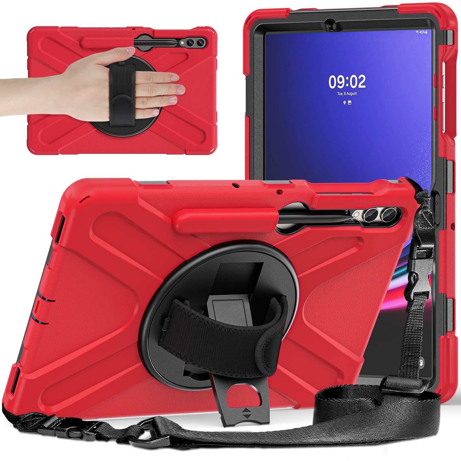 Custodia per tablet resistente antiurto in TPU per Samsung Galaxy Tab S9 Plus 12,4 pollici 2023 X810/X816B/X818U, custodia protettiva a prova di caduta antiurto con cavalletto rotante W + maniglia +