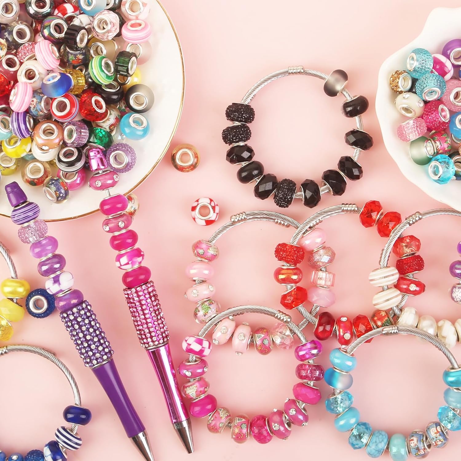 220 Pcs Large Hole Beads with 20 Pieces Snake Chain Charm Bracelet for DIY Charms Bracelet Necklace Earring Jewelry Making Supplies