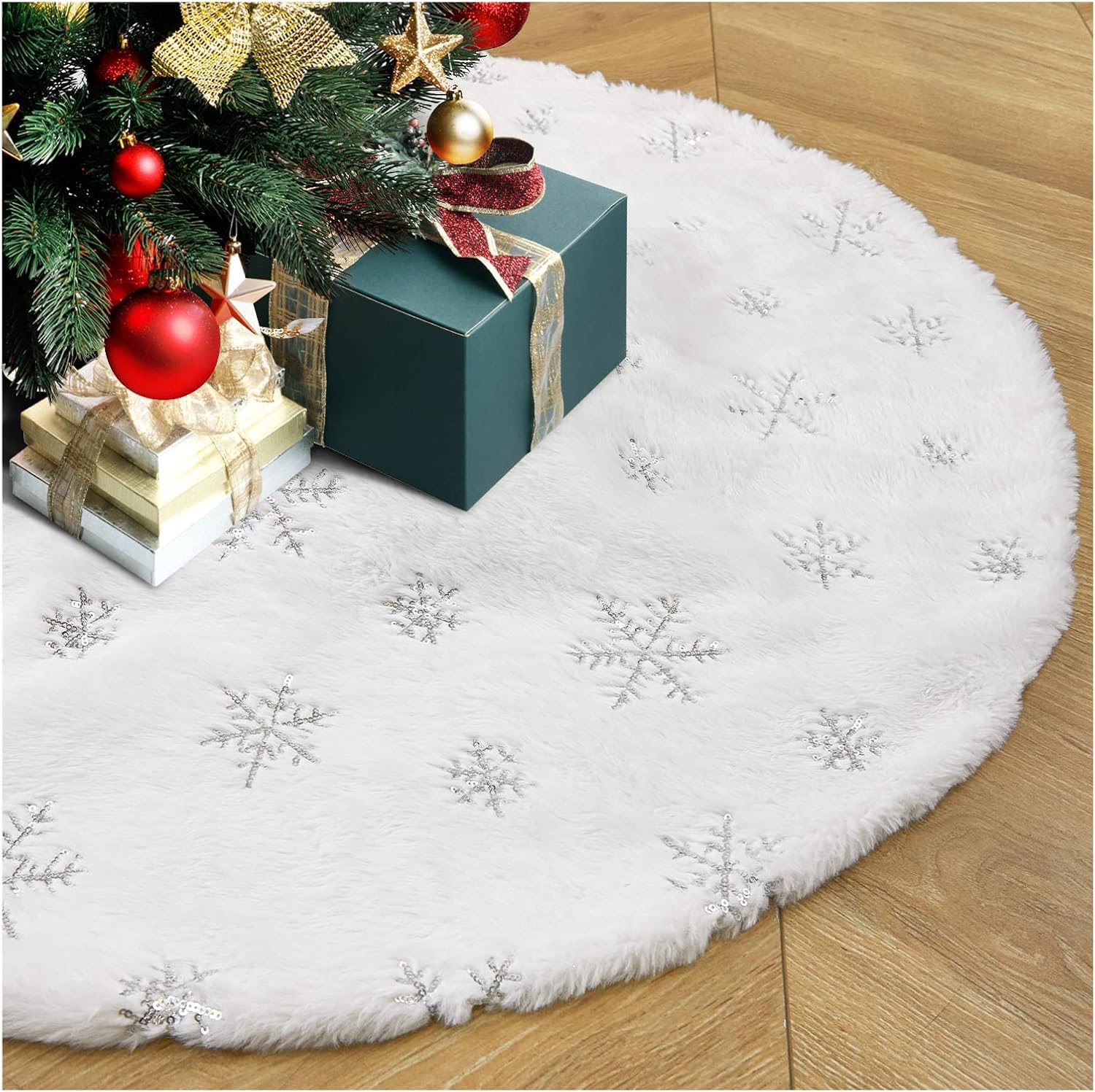 Gonna per albero di Natale, morbida gonna in peluche bianco, diametro 90 cm, fiocchi di neve argentati, decorazione per feste di Natale e Capodanno (spessore extra)
