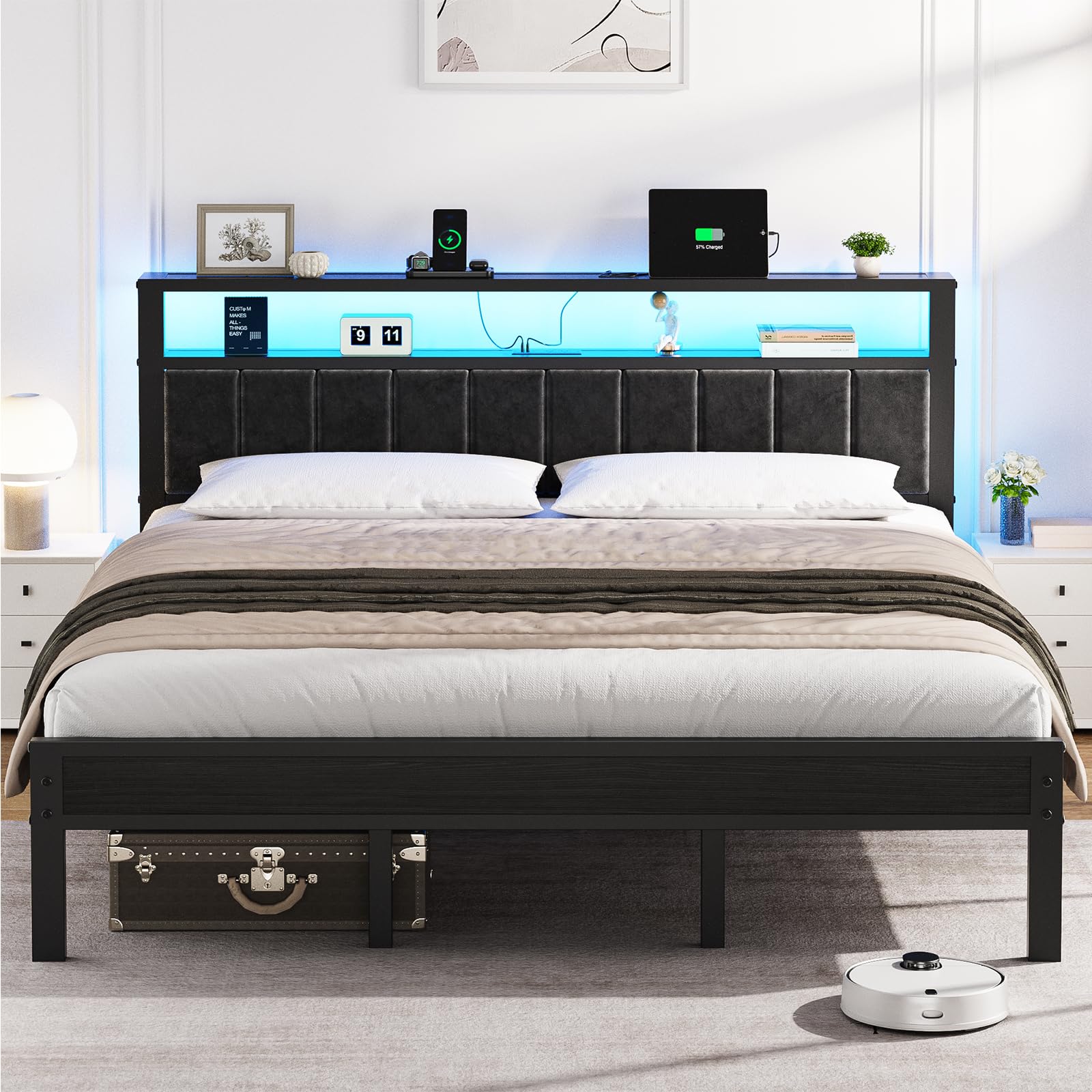 OLEVS King Bed Frame with Charging Station & LED Lights