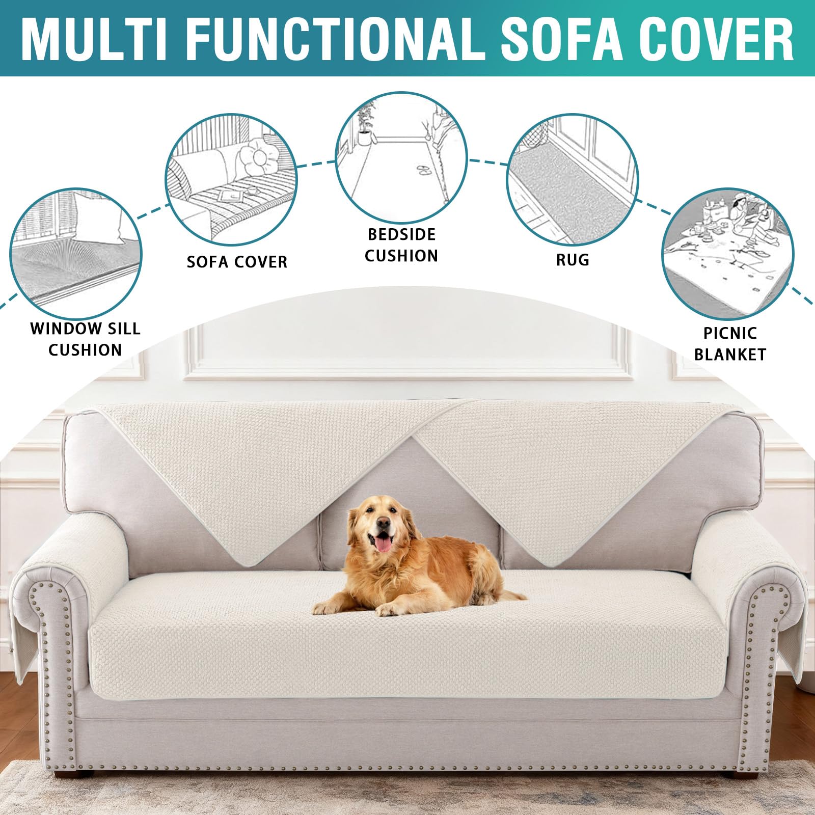 BellaHills Funda de Sofá 4 Plazas,Protector Impermeable,Juego de Fundas para Sofá Modular Grande, Lavable a Máquina, Beige Claro,90x240cm