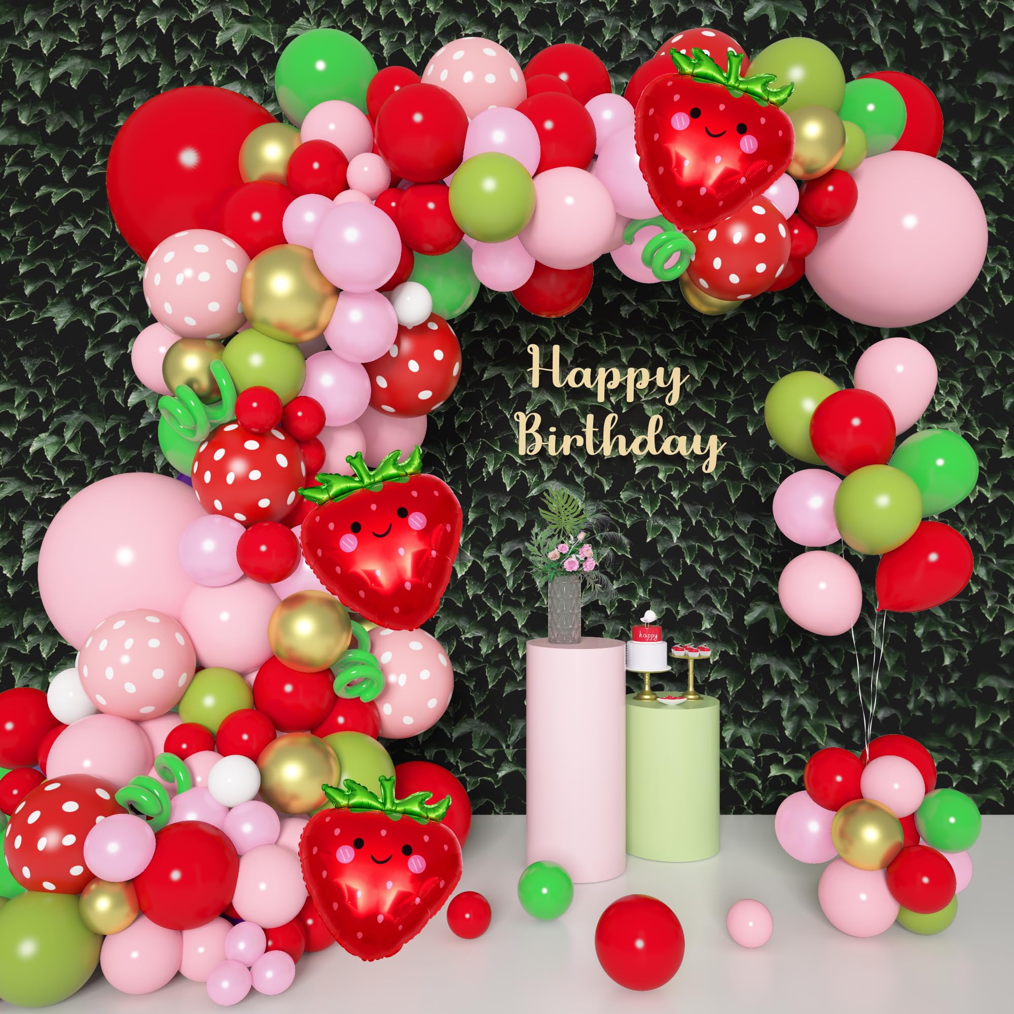 Amandir 162Pcs Strawberry Birthday Party Decorations Strawberry Balloons Garland Arch Kit Berry First Birthday Party Supplies for Girls Summer Fruit