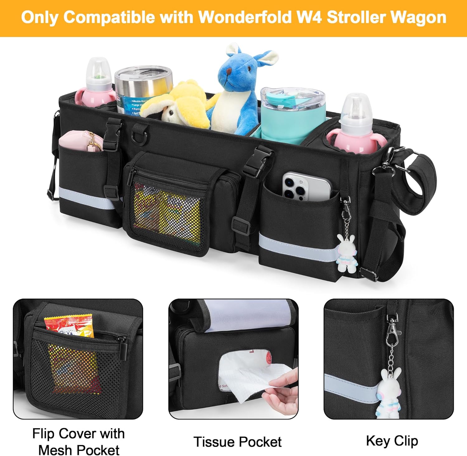 Parent Console Stroller Organizer Compatible with WONDERFOLD W4, with Four Insulated Cup Holders, a Removable Cooler Bag, Special Board Design Make It Not Easy Collapse and Tilting, Black