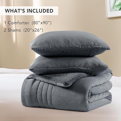 Miniatura 6 de Monbix Juego de edredón mullido tamaño matrimonial, color azul y gris, edredón mullido de felpa Sherpa de 3 piezas para cama de tamaño matrimonial,
