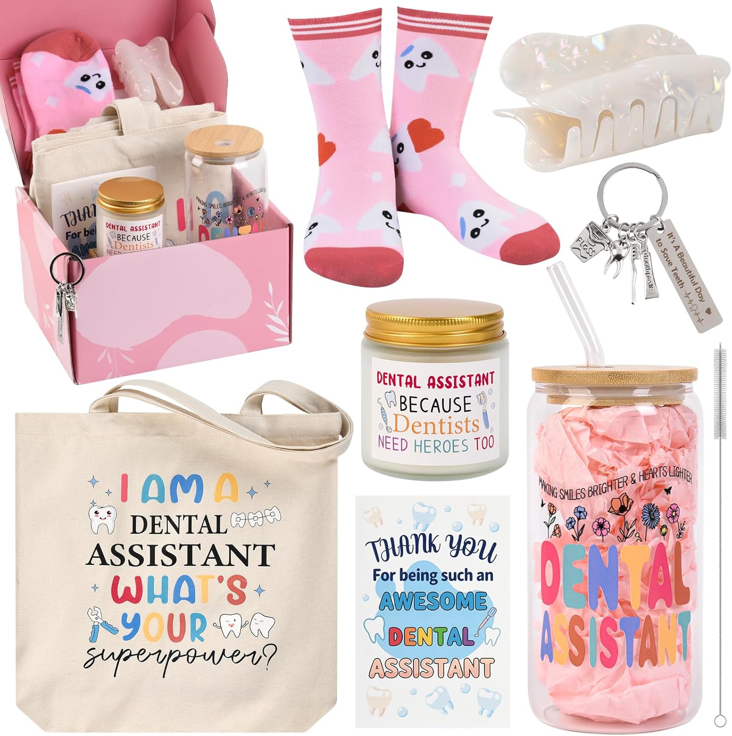 Dental Assistant Gifts for Women Unique Dentist Gifts Funny Dental Hygienist Gift Including Glass Cup Socks Canvas Tote Bag Keychain for Birthday Christmas