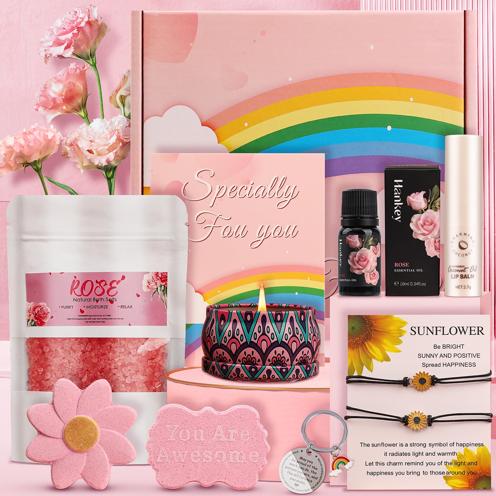 Pearshek 10pc Rose Pamper Gift Set for Women, "You Are Awesome" Self Care Kit with Sunflower Wish Bracelets & Lip Balm