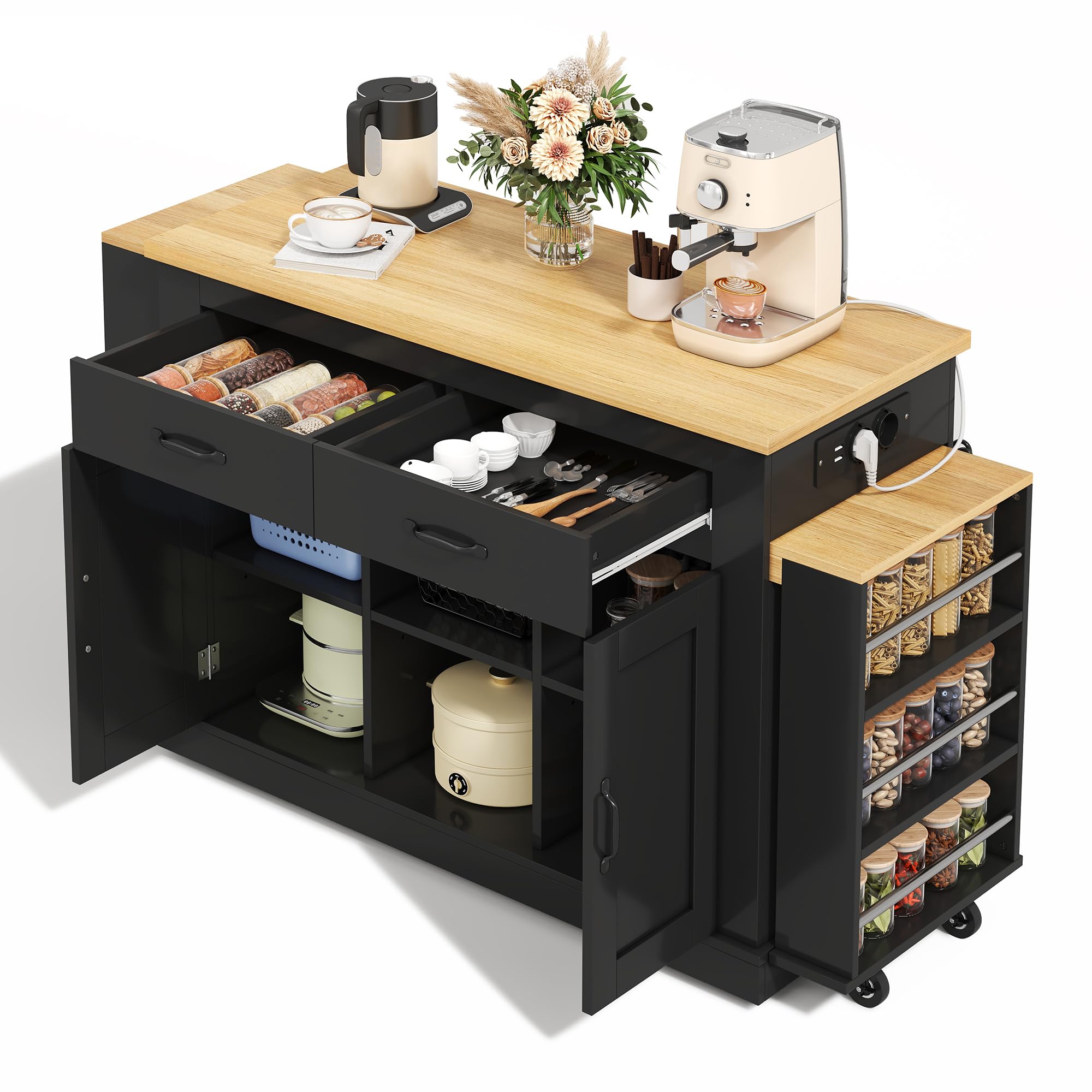 Isla de cocina móvil extensible negra 142-340 cm – Cocina independiente con encimera, enchufes y 2 mesas, mucho espacio de almacenamiento para familias grandes y loft