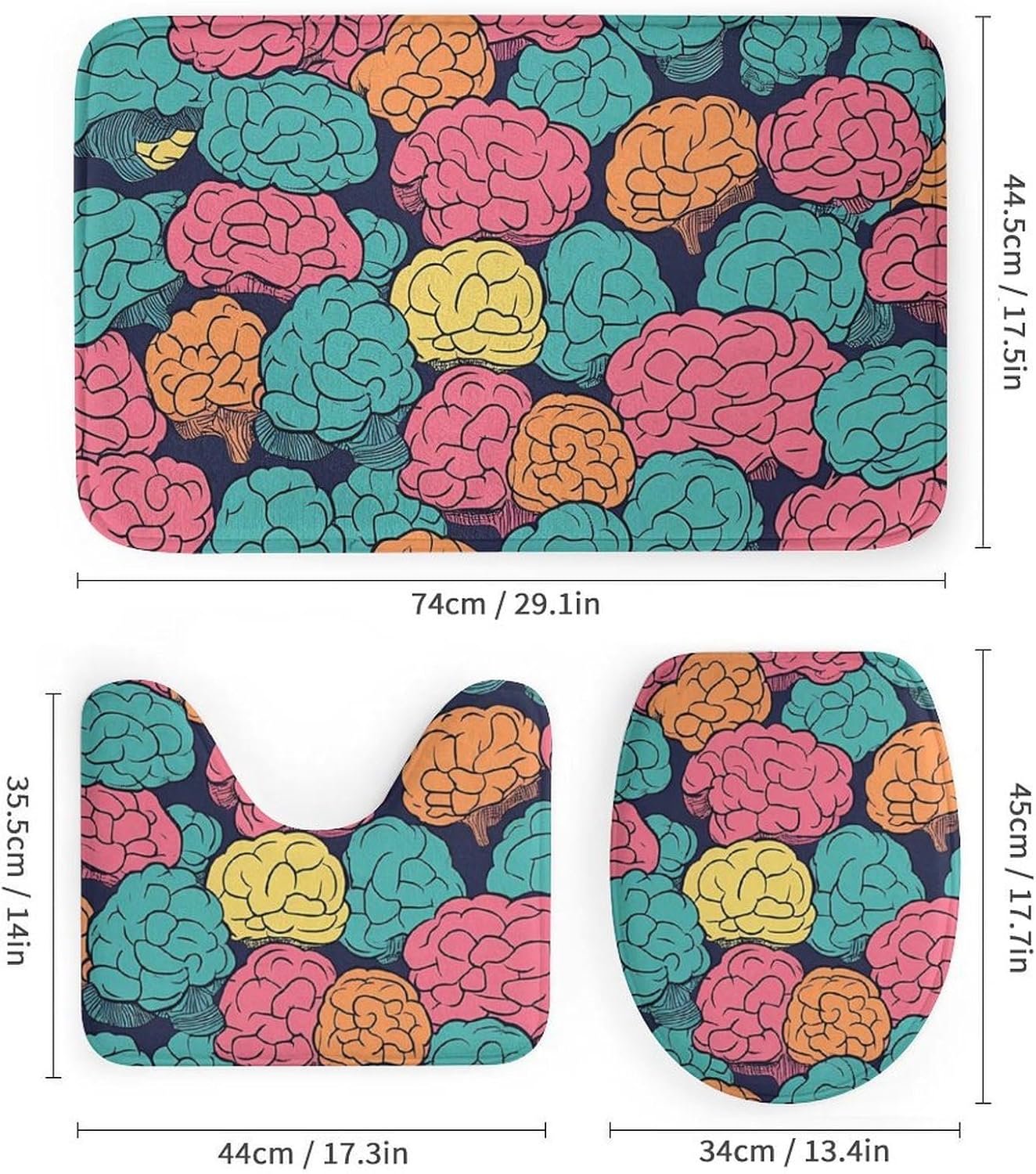 Brains Colorful Pattern Bathroom Sets with Shower Curtain and Rugs 4 Piece with U-Shaped Floor Mat Toilet Lid Cover