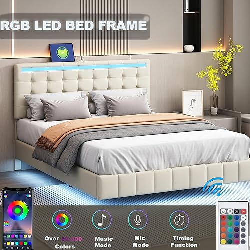 Miniatura 5 de Base de cama flotante de tamaño Queen con luces LED y carga USB, cama tapizada de lino con cabecero, moderno marco de cama Queen con soporte de