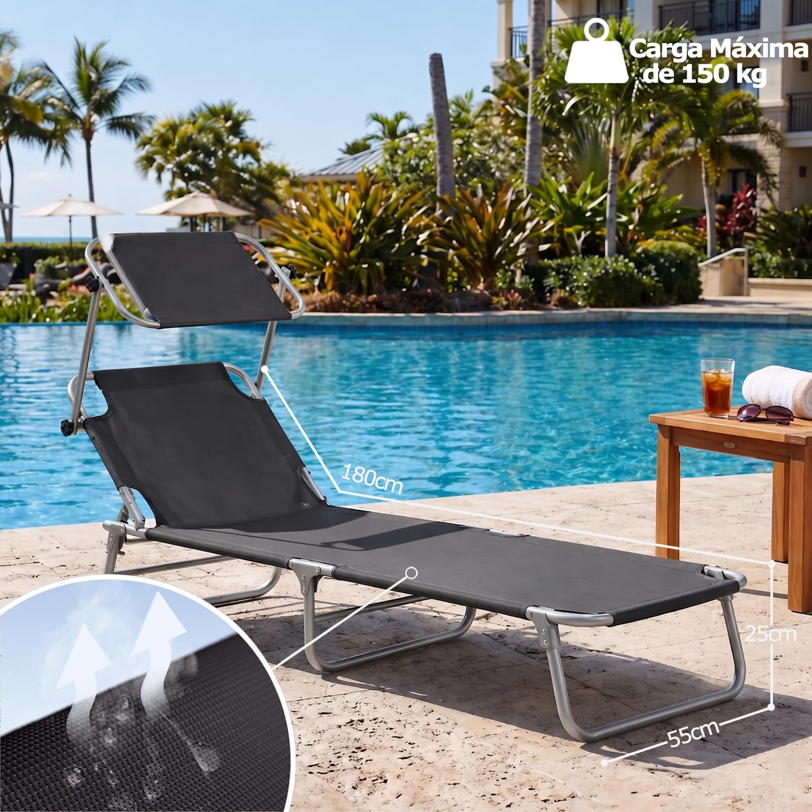 Tumbona Plegable, Tumbona Playa con Toldo Desmontable y Regulable Respaldo Reclinable, Hamacas Jardin Tumbonas para Jardín, Piscina, Terraza, Capacidad de Carga 150 kg