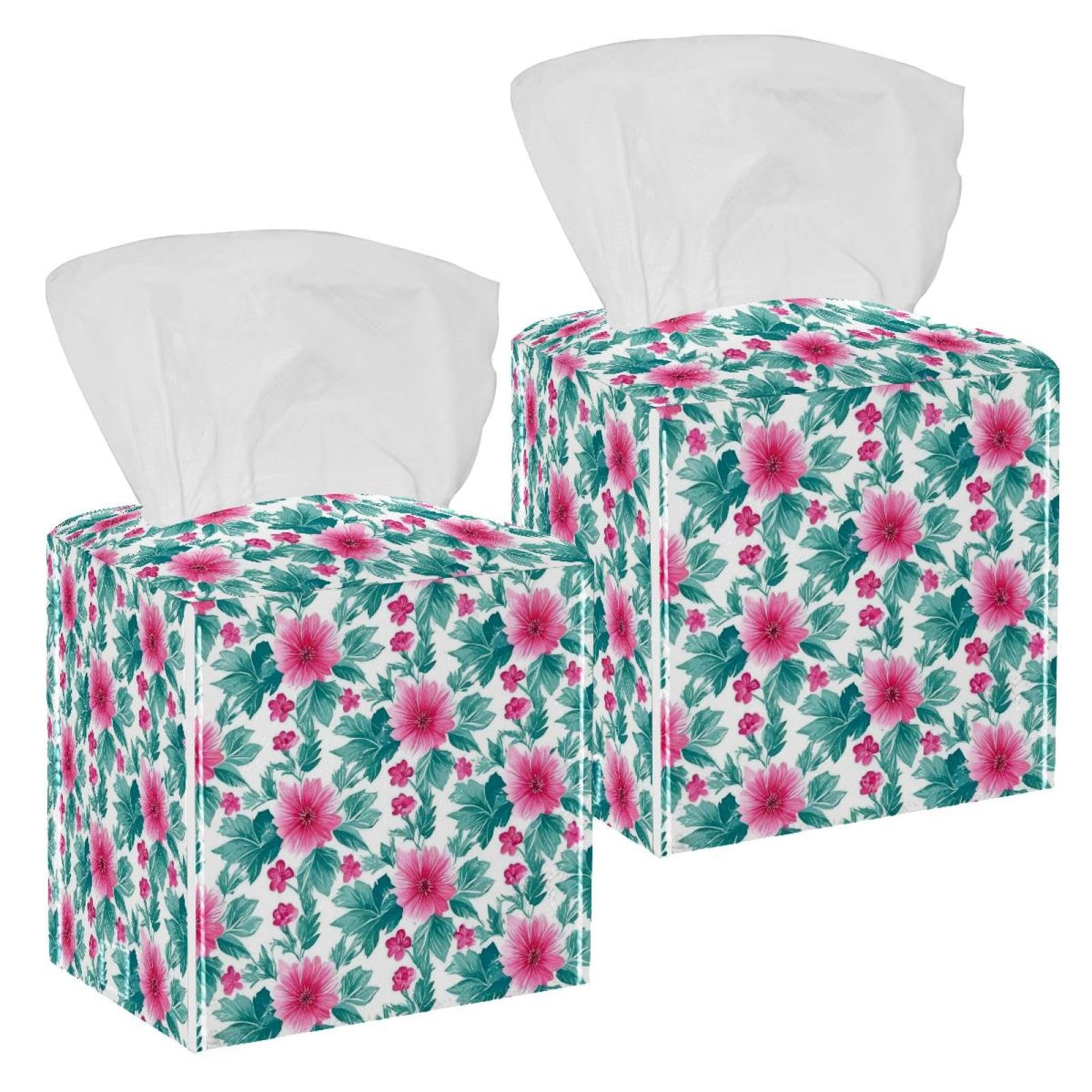 Artistic Leaves Tissue Box Cover, 2 Pack PU Leather Square Facial Tissue Dispenser Box holder for Home Office Car