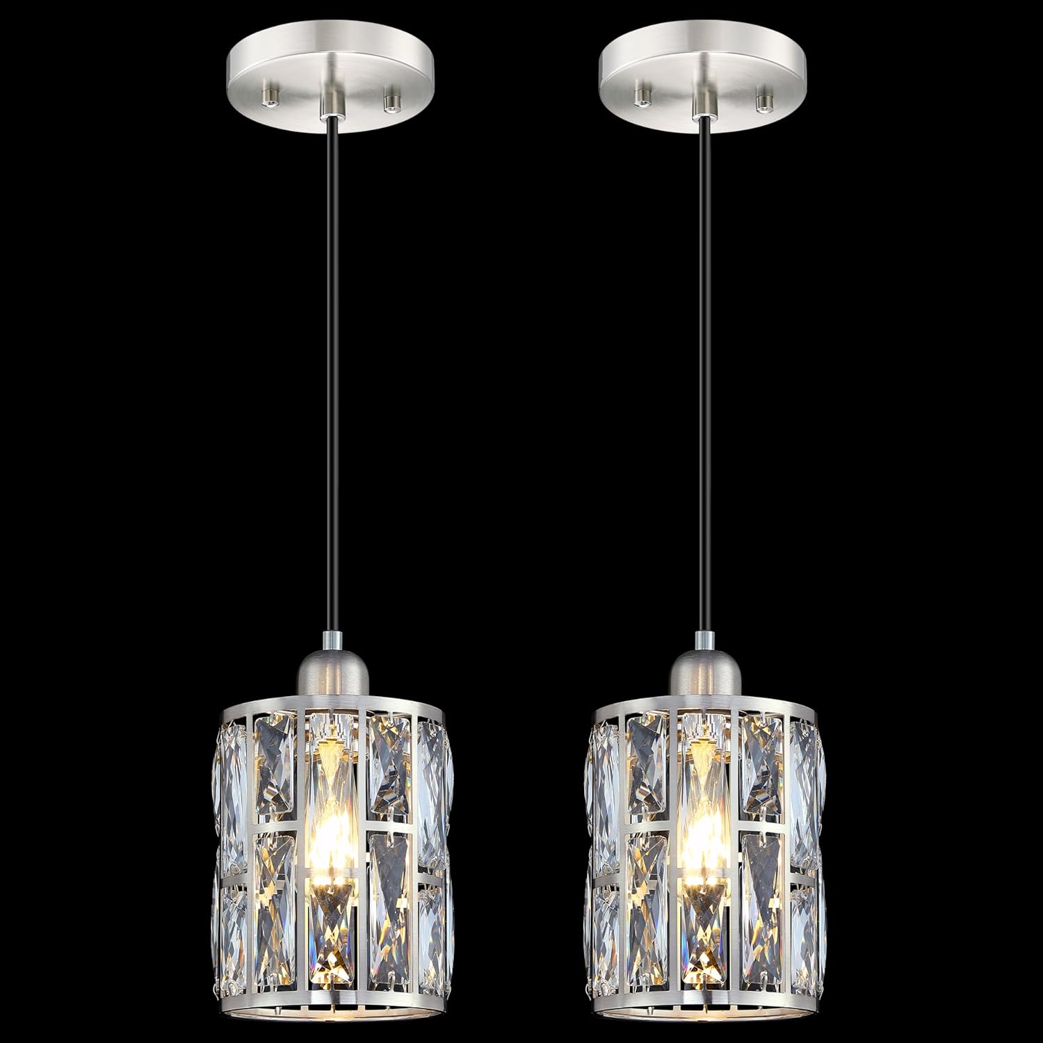 3 Pack 1 Light 5.3" Crystal Hanging Kitchen Island Pendant Light Brushed Nickel Finish,Concise Pendant Fixture Crystal Plate Metal Shade for Bar,Dining Room,Living Room Over Sink