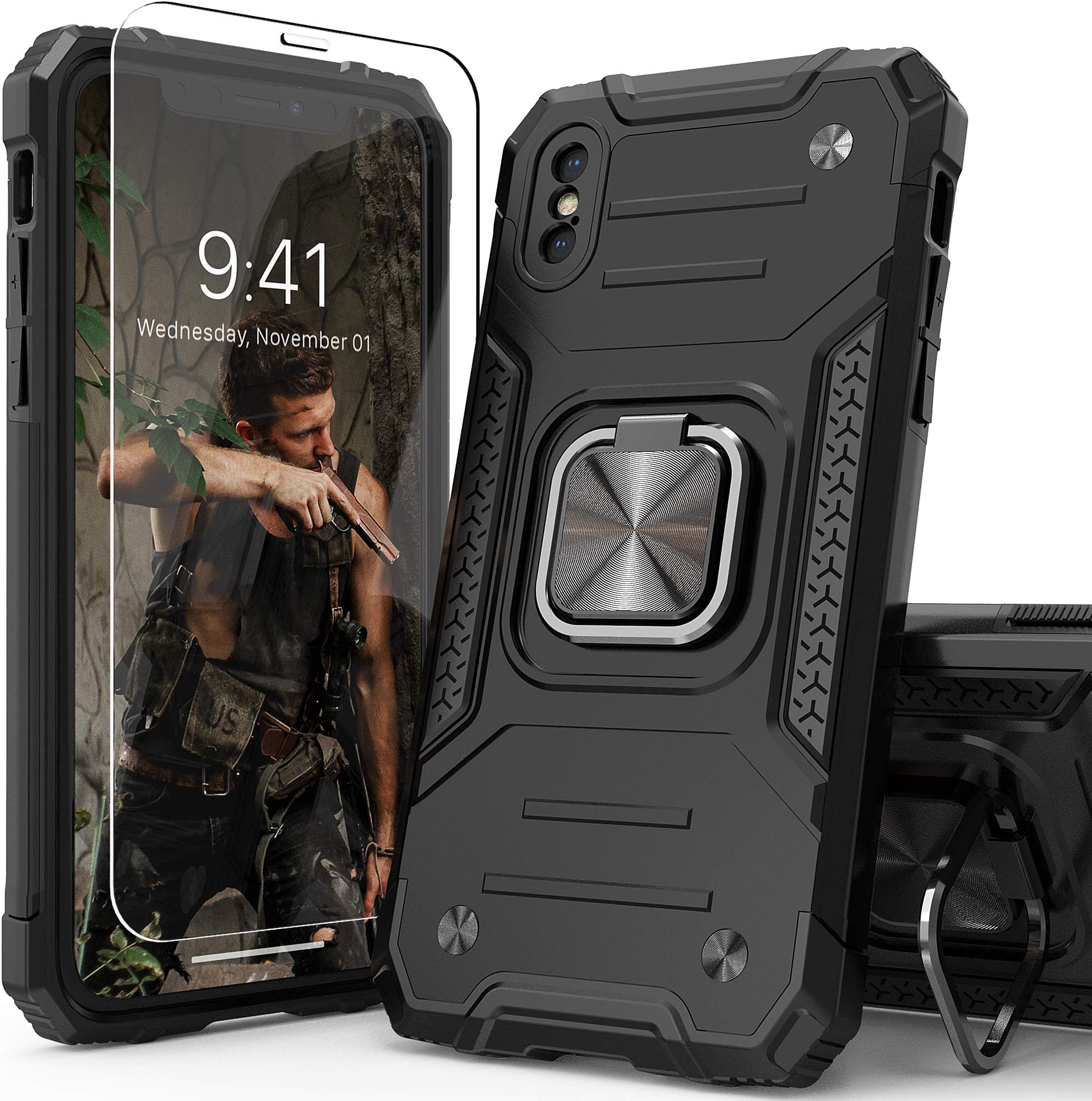 for iPhone Xs Max Case with Screen Protector,Shock Absorption Heavy Duty Drop Test Cover with Car Mount Kickstand Lightweight Protective Phone Case for iPhone Xs Max,Black