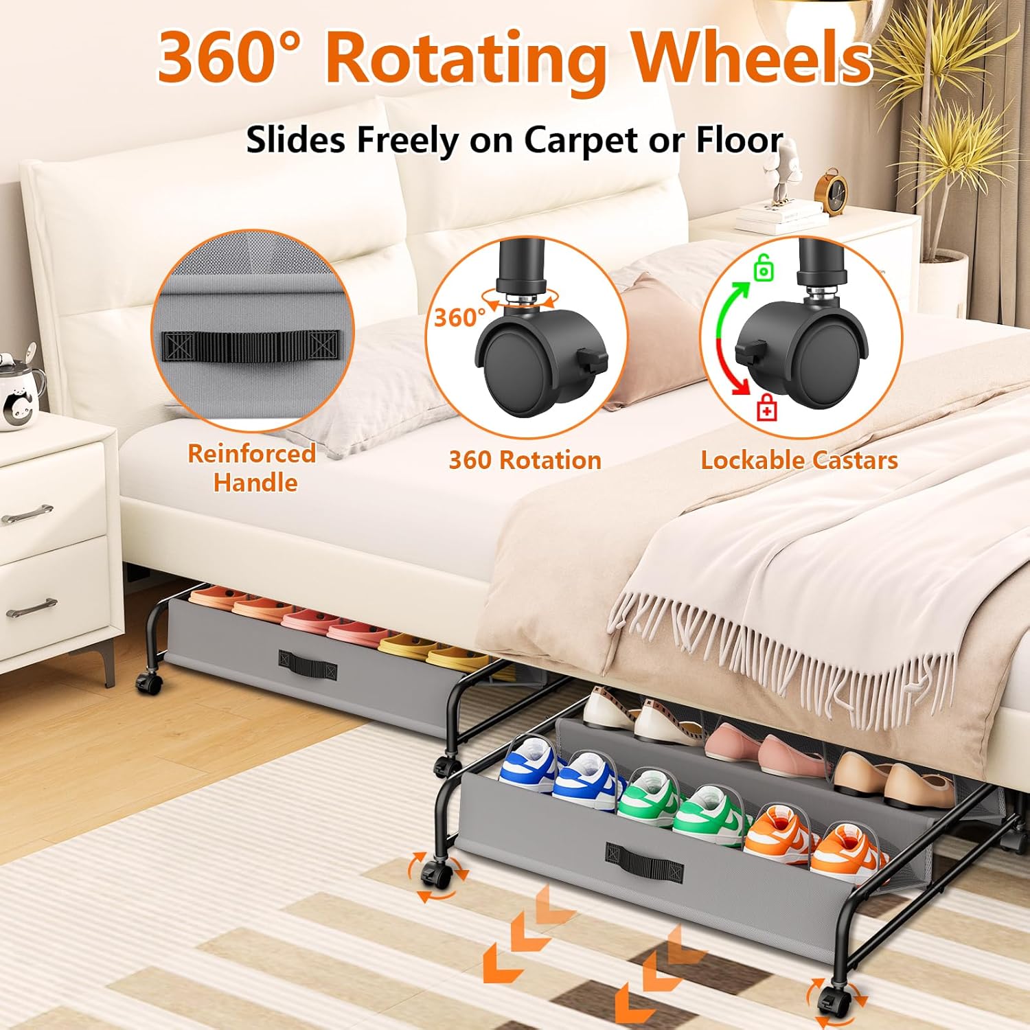 Under Bed Shoe Storage with Wheels, 2 Pack Rolling Under Bed Storage Containers for Shoes with Breathable Mesh Pockets, Metal Underbed Shoe Rack Organizer Bedroom Organization