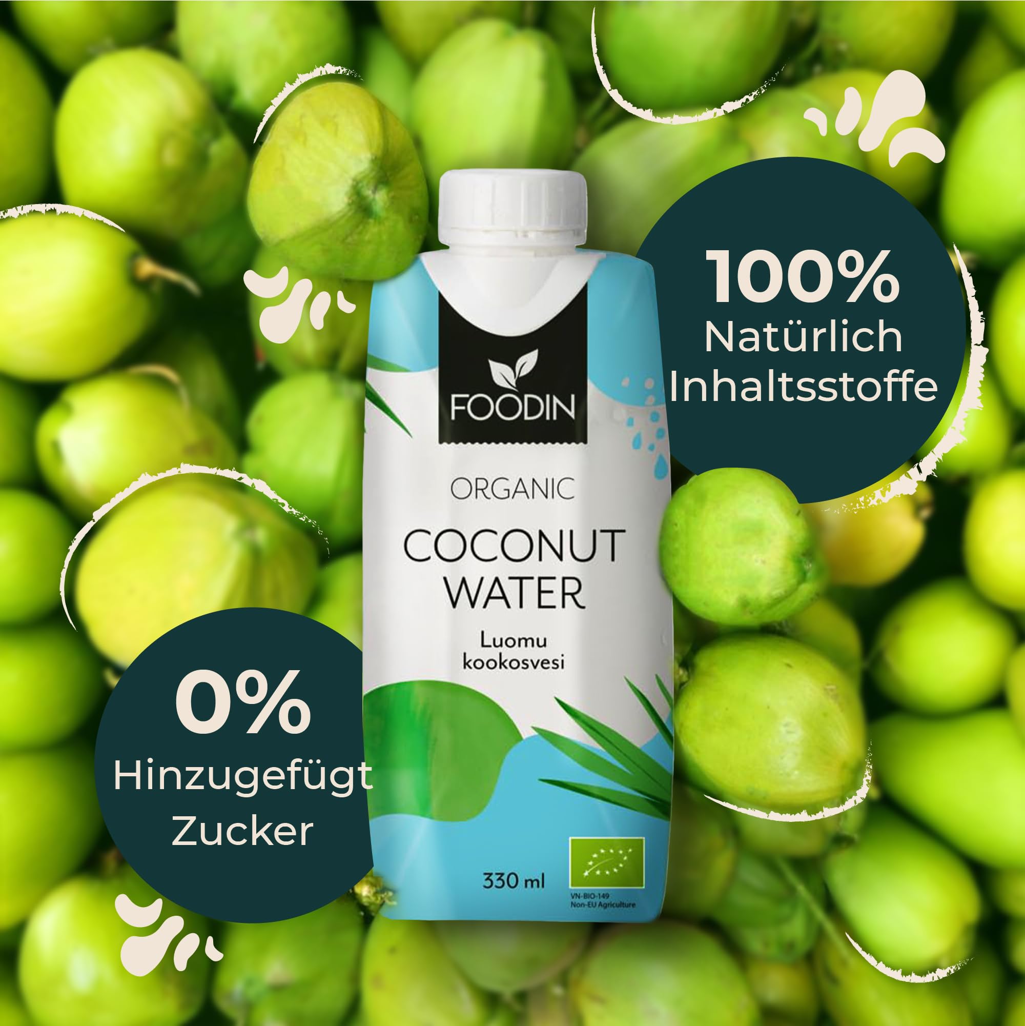 Foodin Bio-Kokoswasser – 100% natürliches Kokosnusswasser mit Elektrolyten – glutenfrei, kalorienarm, fettfrei, vegan – 12er Pack (12 x 330ml)