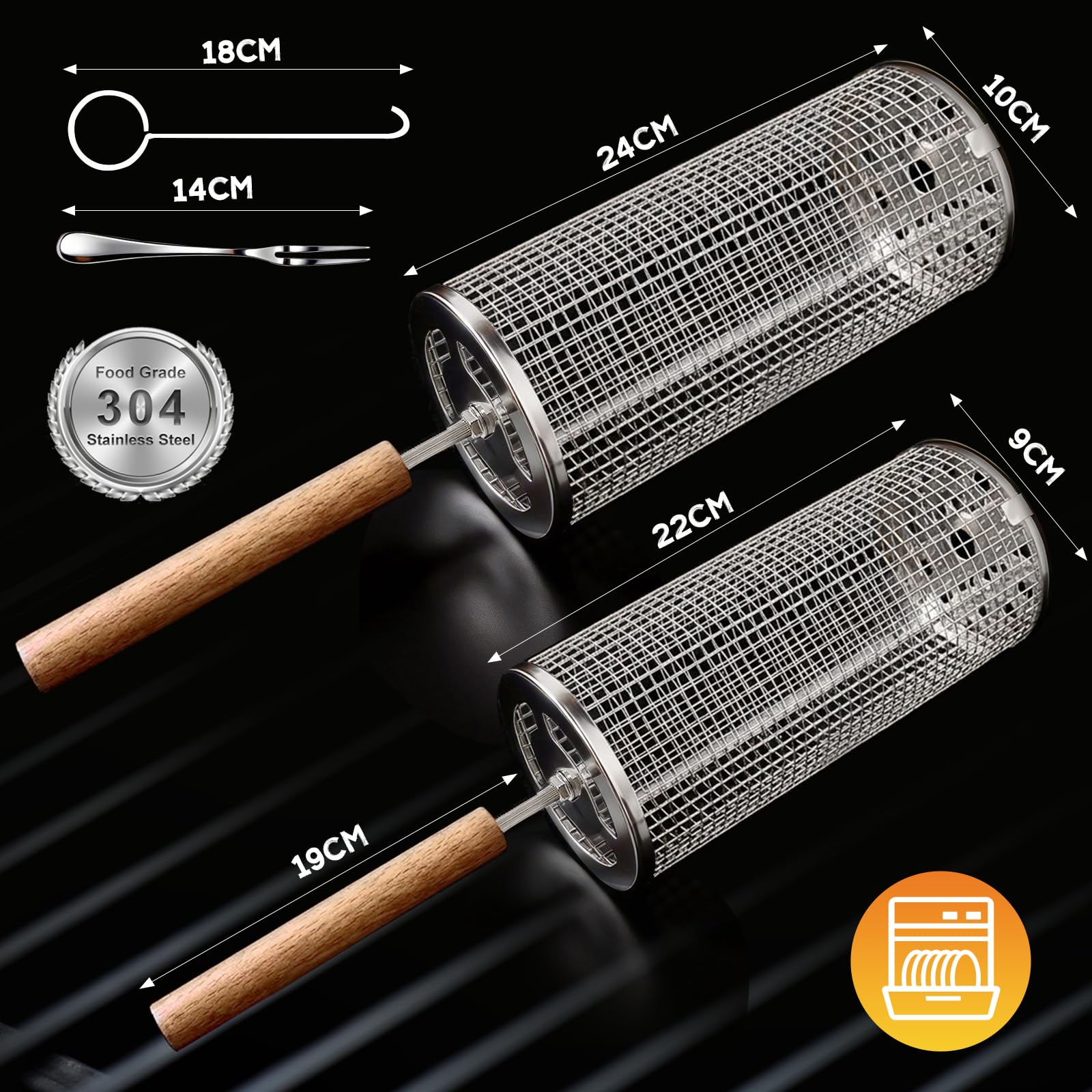 Paniers À Barbecue Set De 2,Accessoires Barbecue Pour Légumes,Crevettes, Champignons,Manche En Bois Amovible,Acier Inoxydable 304,Grillades En Extérieur,Cadeau Pour Hommes Et Papas (Argent brillant)