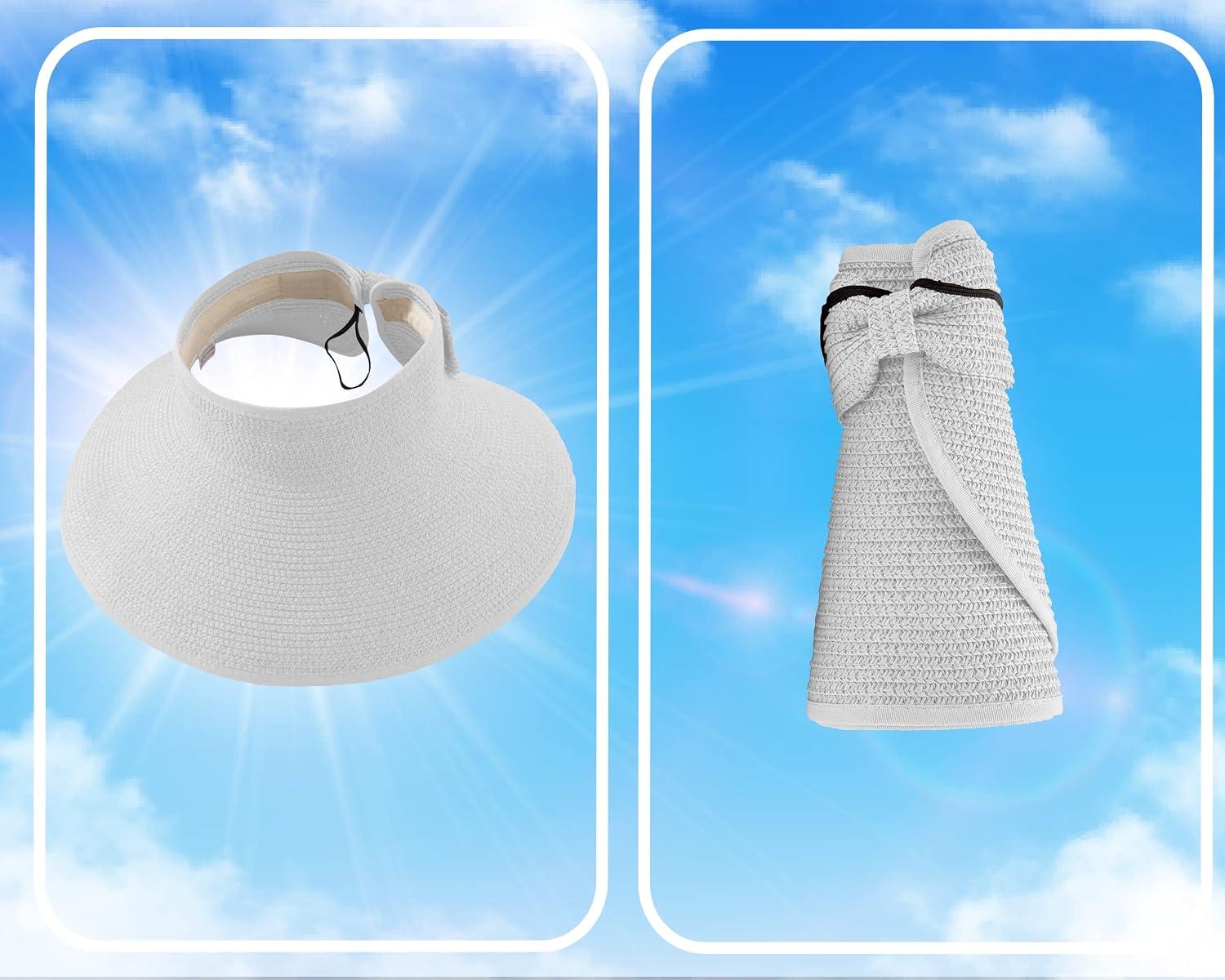 Straw Sun Visor for Women, Wide Brim UPF 50+ Protection Beach Hat, Adjustable, Roll Up Foldable Ponytail Cap with Chin Strap