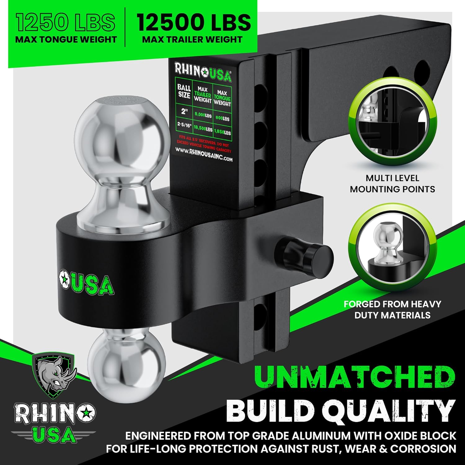 Rhino USA Towing Bundle - 6" Drop/Rise Adjustable Trailer Hitch & Anti-Rattle Clamp, Secure & Quiet Towing Experience, Weatherproof Heavy Duty Steel - Fits 2" Receiver