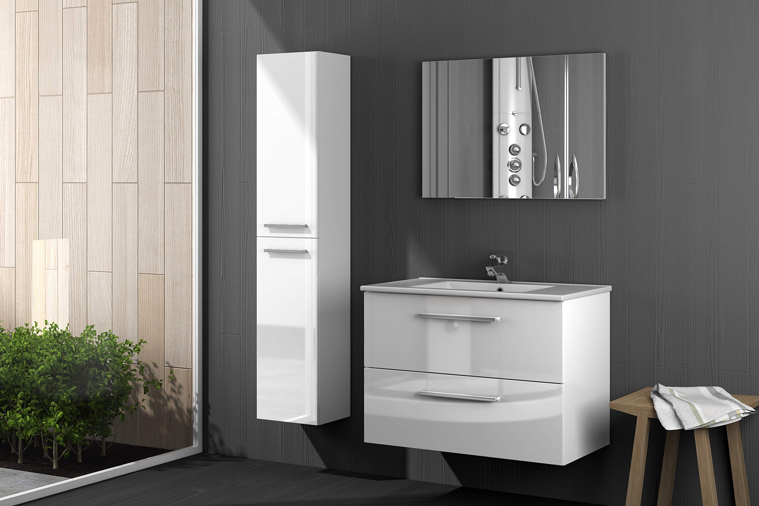 Bricozone Mobile Bagno Sospeso 80 Cm Con Lavabo In Ceramica Specchio E Led Da 45 Cm Bianco 2 Cassetti Chiusura Assistita Per Arredo Bagno Contemporaneo (Mobile Lavabo e Specchio con Led da 45 Cm)