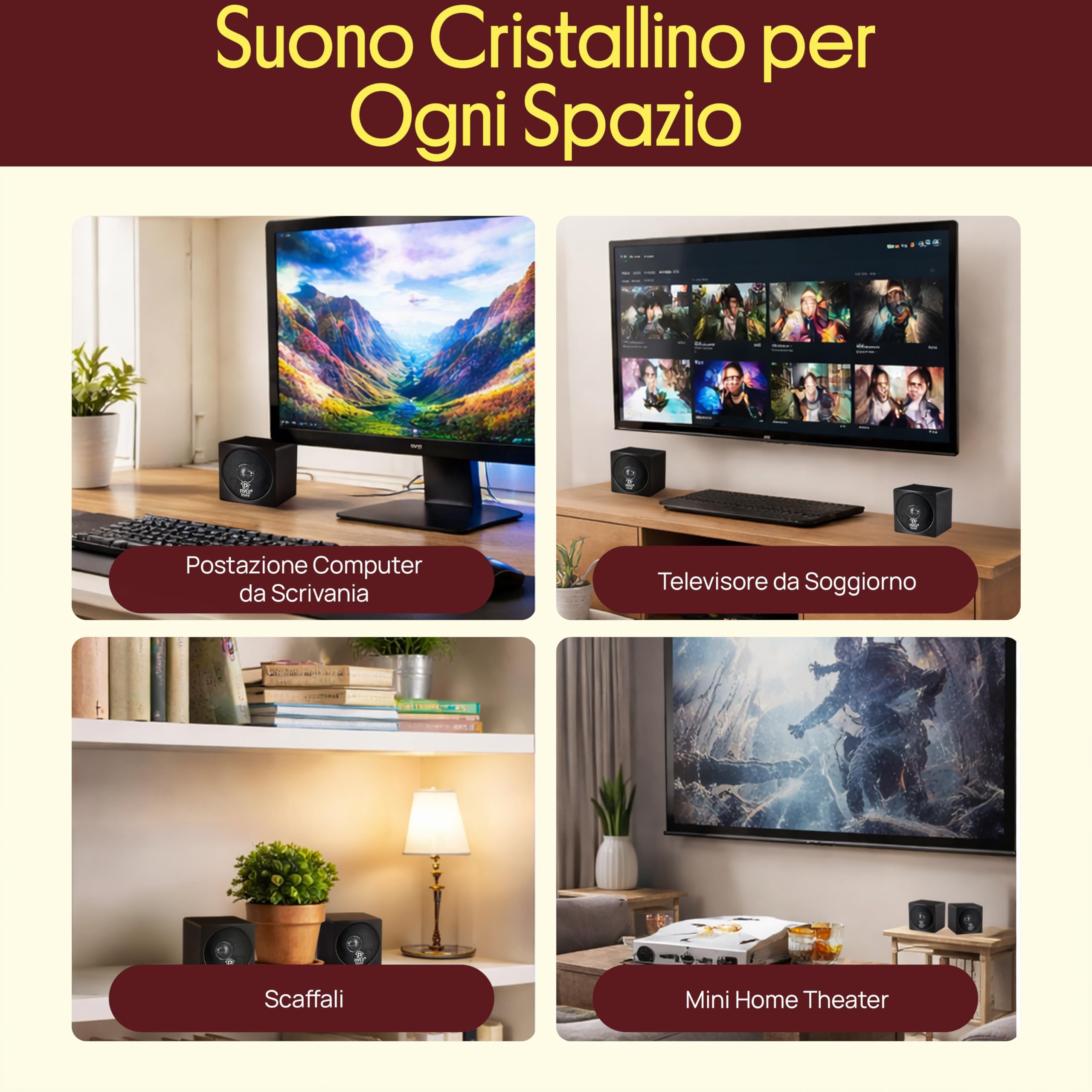 Pyle Altoparlanti da Scaffale Mini Cubo 10 Centimetri, Driver in Carta, Speaker 200 Watt, Impedenza 8 Ohm, Schermatura Video, Casse Audio per Home Theater, 1 Coppia