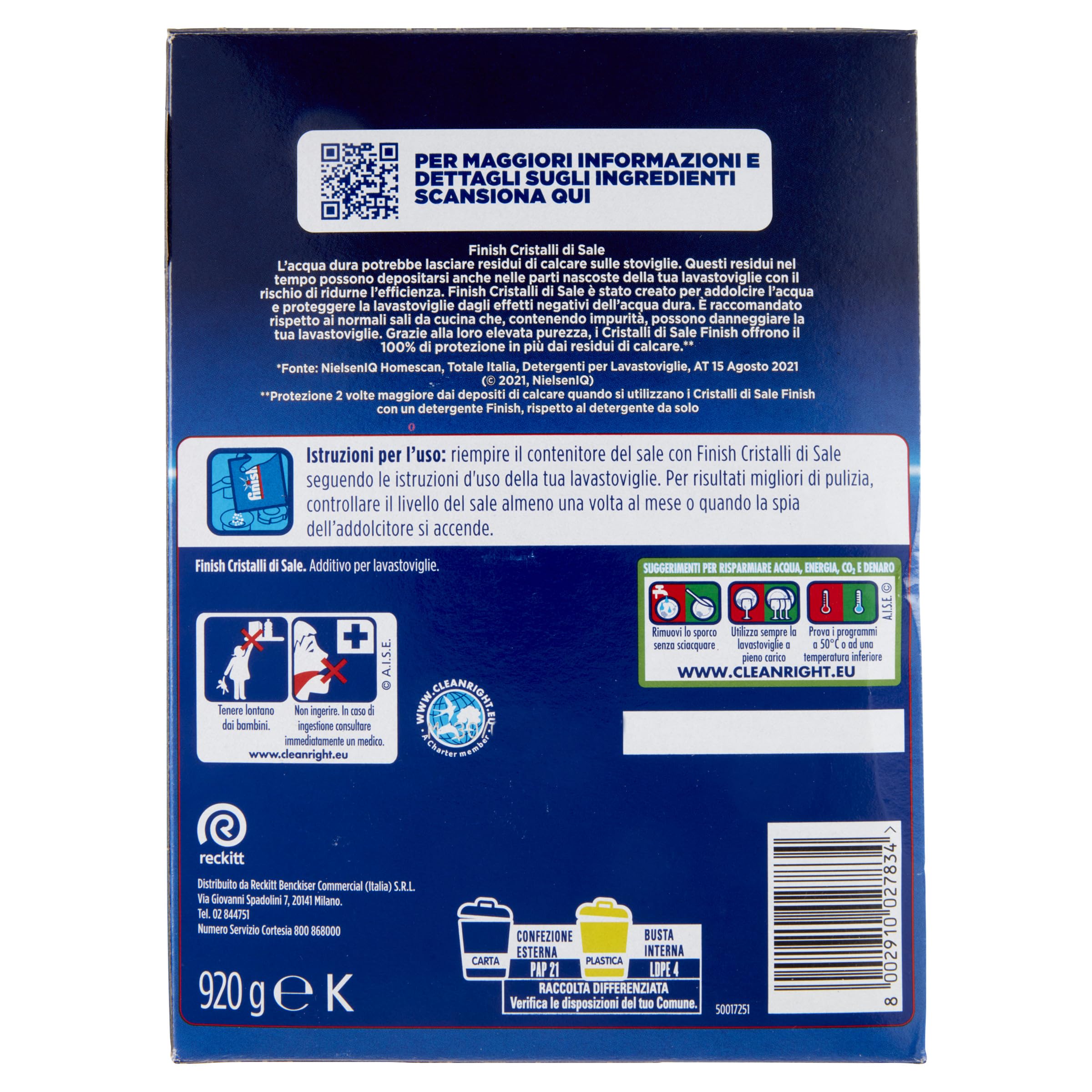 Finish Sale per lavastoviglie, Additivo per Lavastoviglie in cristalli di Sale per proteggere dal calcare e dalle macchie d'acqua, 10 confezioni da 920 gr (9,2kg)