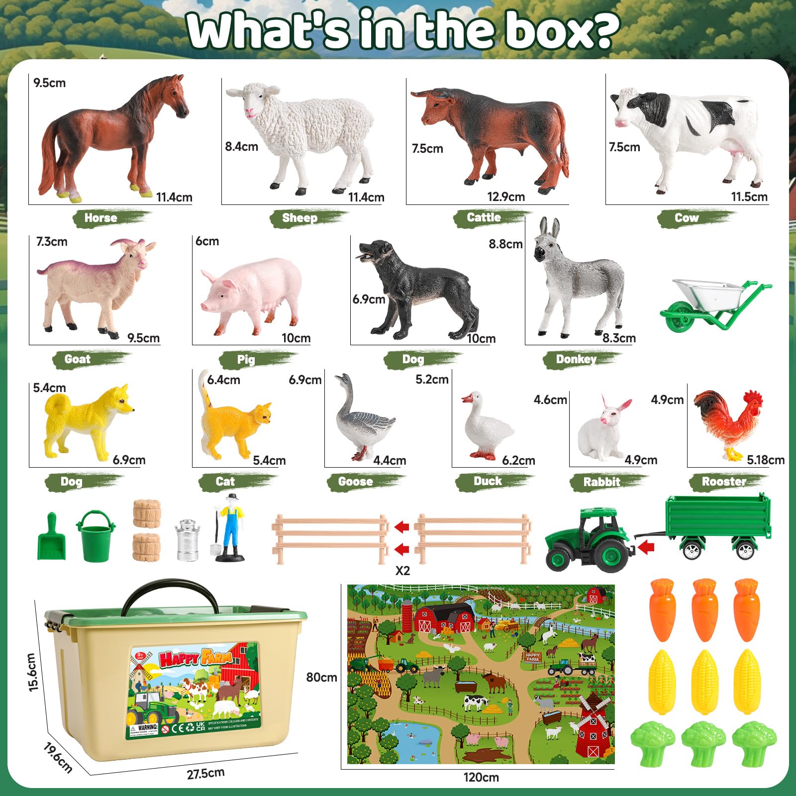 KNASON Animales Granja Juguete con Grande Tapete Juego 120x80cm,38 Pieza Animales de Juguete con Jumbo Figuras Animal,Tractor Juguetes y Granja Apero,Educativo Juguetes para Niños 3 4 5 6 Años