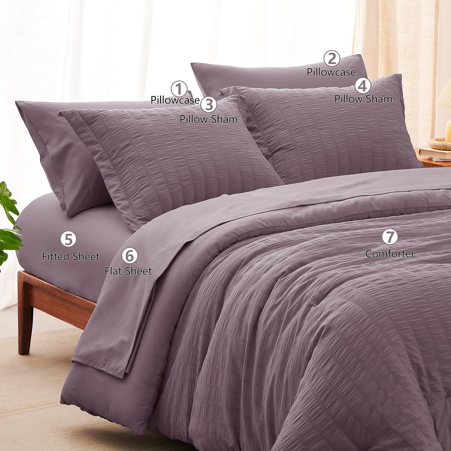 CozyLux Full Size Comforter Sets with Sheets Seersucker 7 Pieces Dusty Purple Bed in a Bag Textured Luxury Soft Bedding Set with Down Alternative Comforter, Sheets, Pillowcases & Shams for All Seasons - Image 7