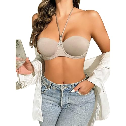 OYOANGLE Women's Bow Decor Padded Underwire Push Up Bras Solid Plain Halter Balconette Lingerie Bralettes