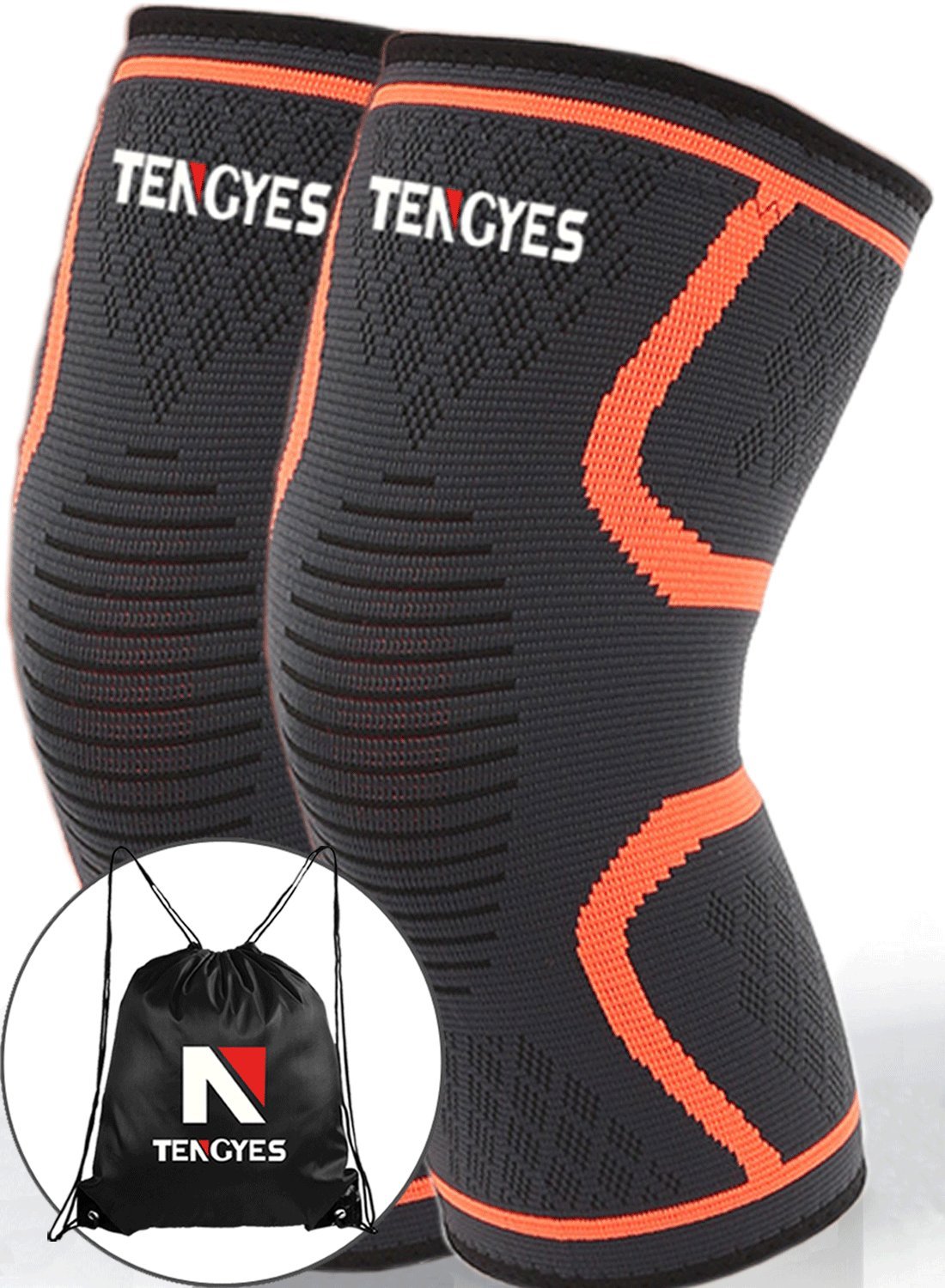 Knee Compression Sleeve (1 Pair/sackpack) Best Knee Support Brace for ACL, MCL, Volleyball, Powerlifting, Basketball, Running, Sports - Knee Sleeves for Women & Men