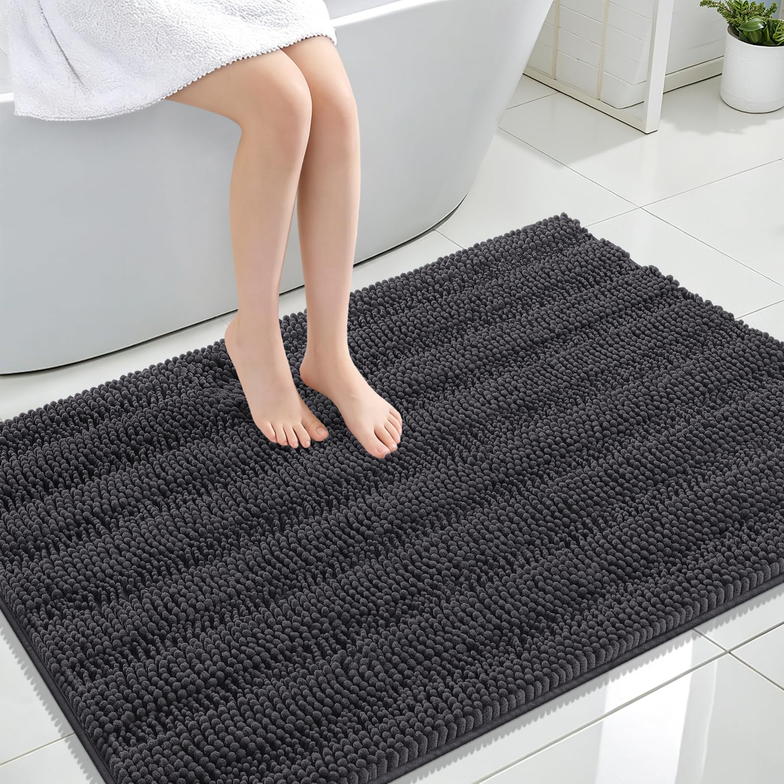 OLANLY Thick Large Bathroom Rugs 44x32, Soft Chenille Bath Rugs, Dark Grey