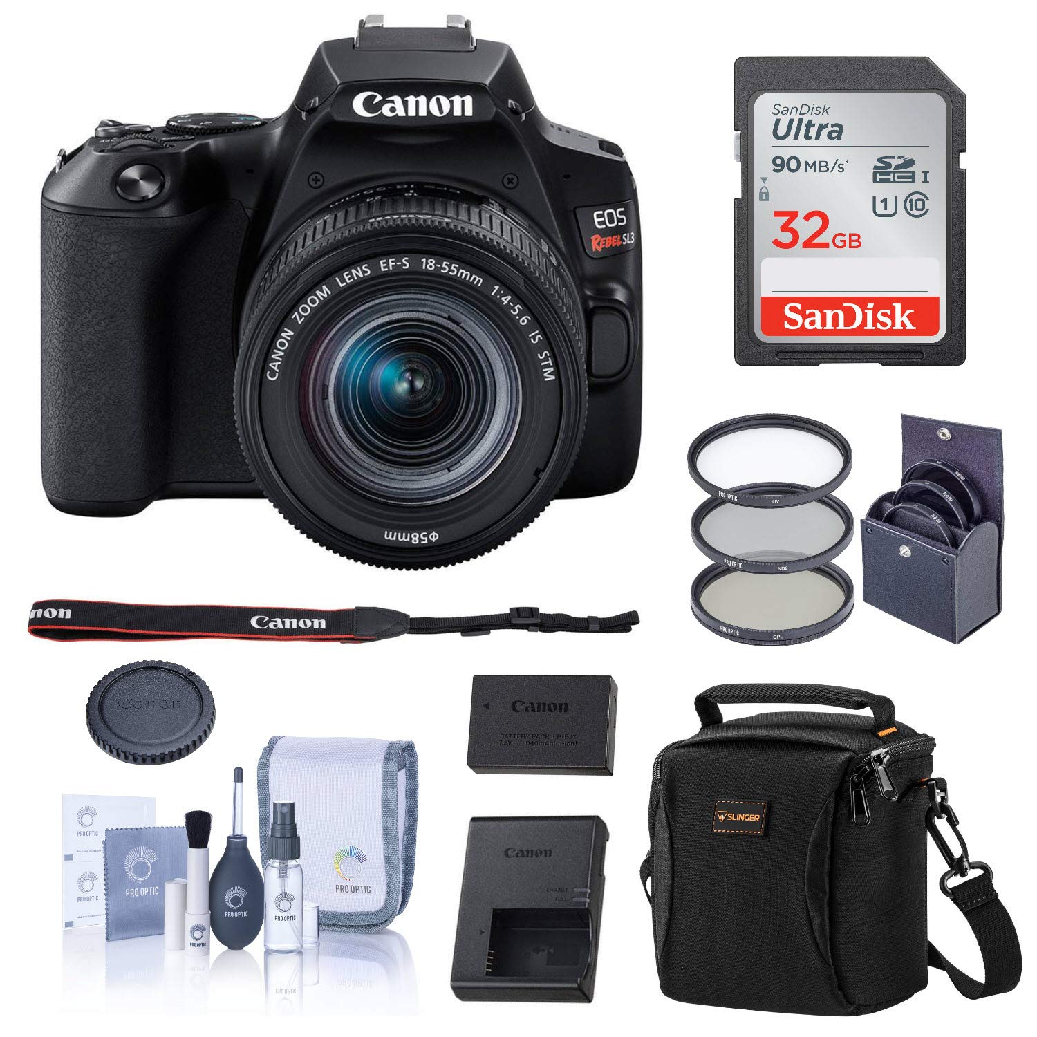 Canon EOS Rebel SL3 DSLR Camera with 18-55mm Lens (Black), Bundle with Bag,  32GB SD Card, Filter Pack, Cleaning Kit