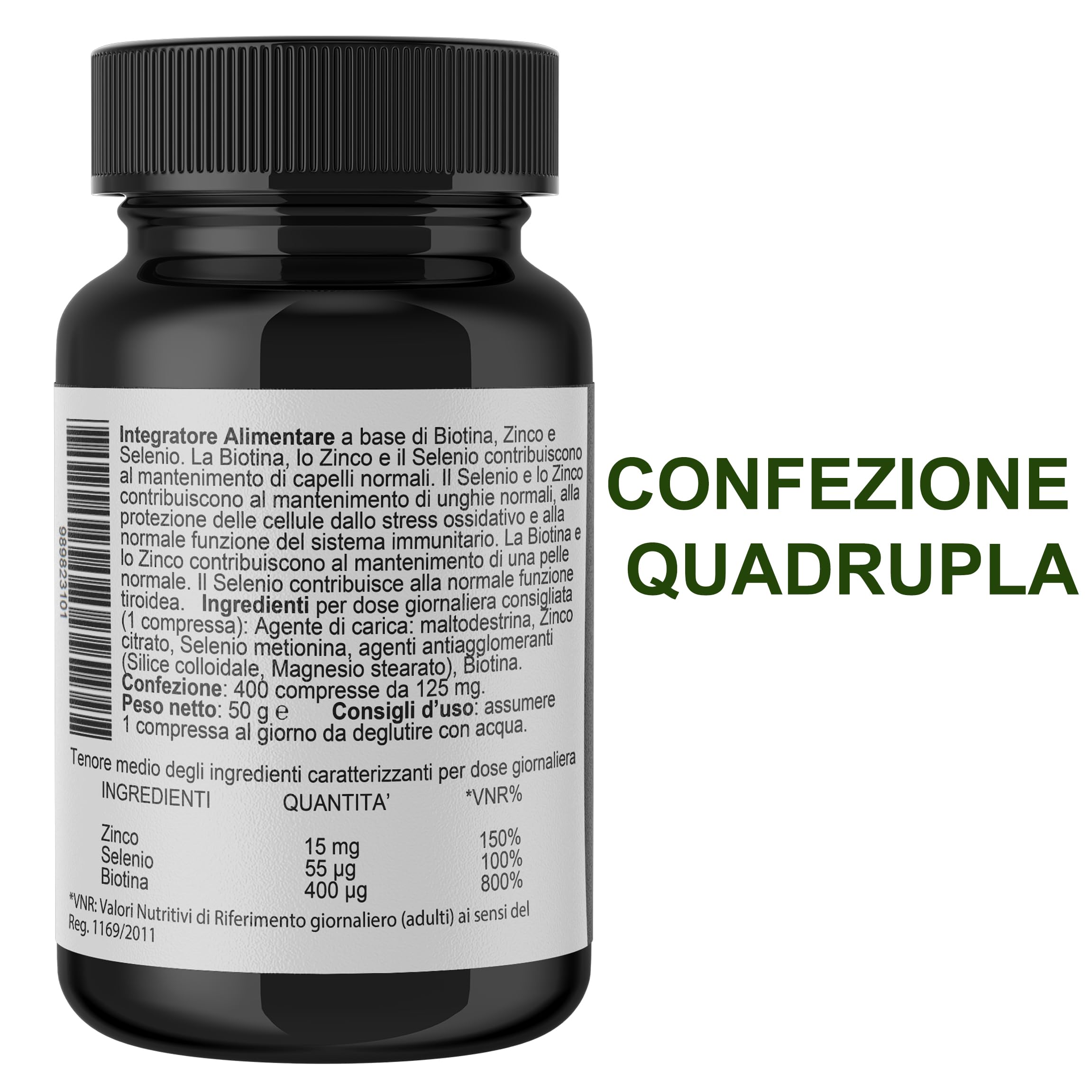 Zinco Citrato Altamente Assorbibile con Selenio Metionina e Biotina 1600 Compresse, 1 al dì, Capelli Pelle Unghie Formula