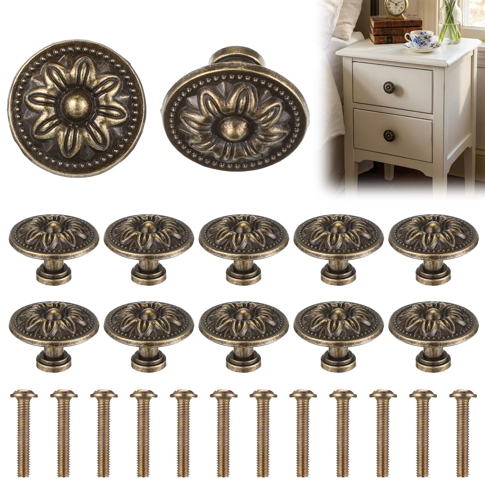 SHENLIU 12 Pcs Antique Bronzy Cabinet Knobs, Vintage Cabinet Handles