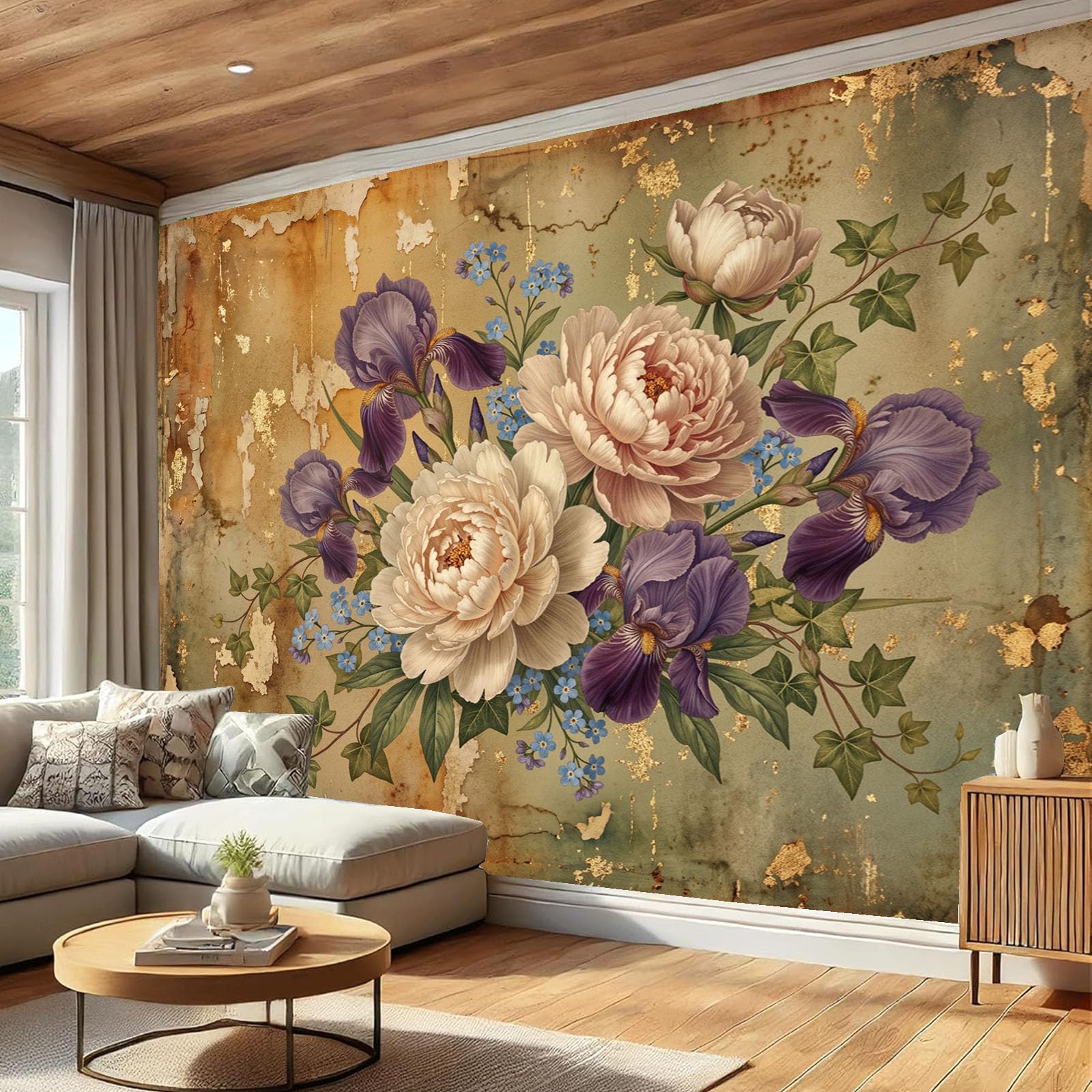 Carta Da Parati Floreale retrò, Moda XXL Design Peonia Edera Fotomurali in Seta 250x175cm Moderna Decorazione da Parete per Camera da Letto Soggiorno Marrone