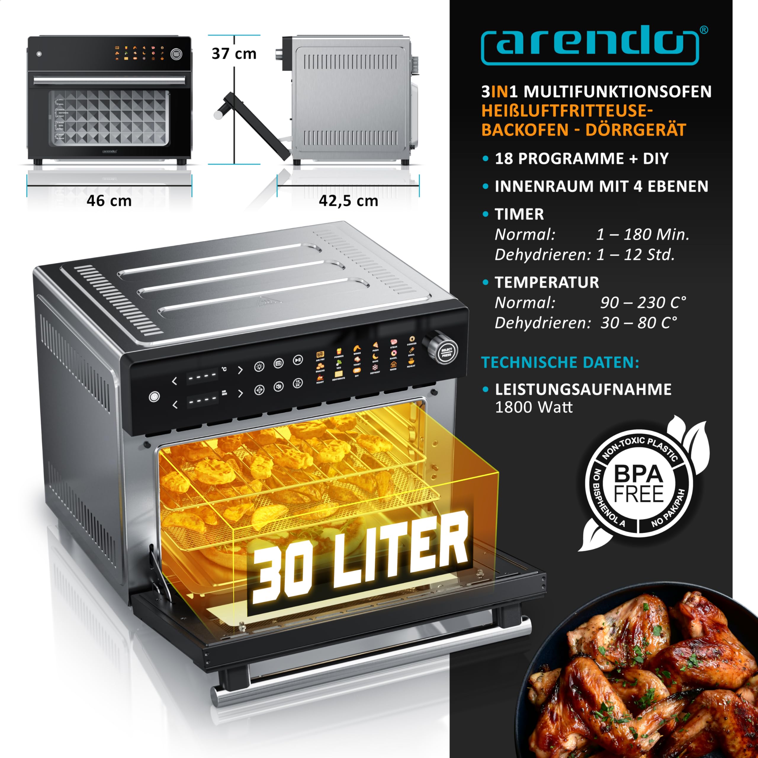 Arendo - Minibackofen 30l - Heißluftfritteuse 30 Liter - Edelstahl - Multifunktionsofen Umluft - mini Backofen Airfreyer XXL - 1800 Watt - Ofen mit 18 Programme - großer Innenraum mit 4 Ebenen