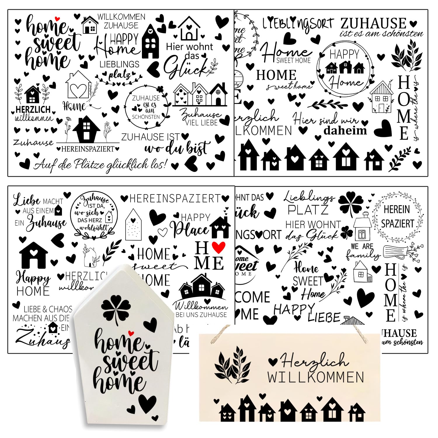 Hongma Rub On Sticker Approx. A5 19 x 14 cm Large Format Transfers 4 Pieces Sayings for Raysin for Keraflott Furniture Glass Wood DIY Decoration Rub On Foil Rub Stickers Home Heart